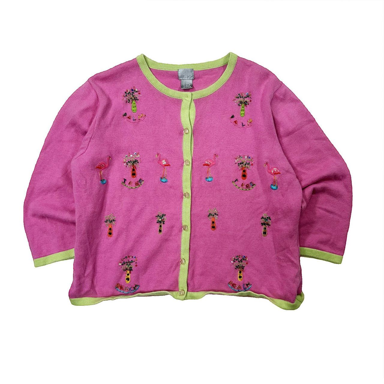 Vintage Vintage 90s Pink Flamingo Knit Cardigan Sweater Size US L / EU 52-54 / 3 - 1 Thumbnail