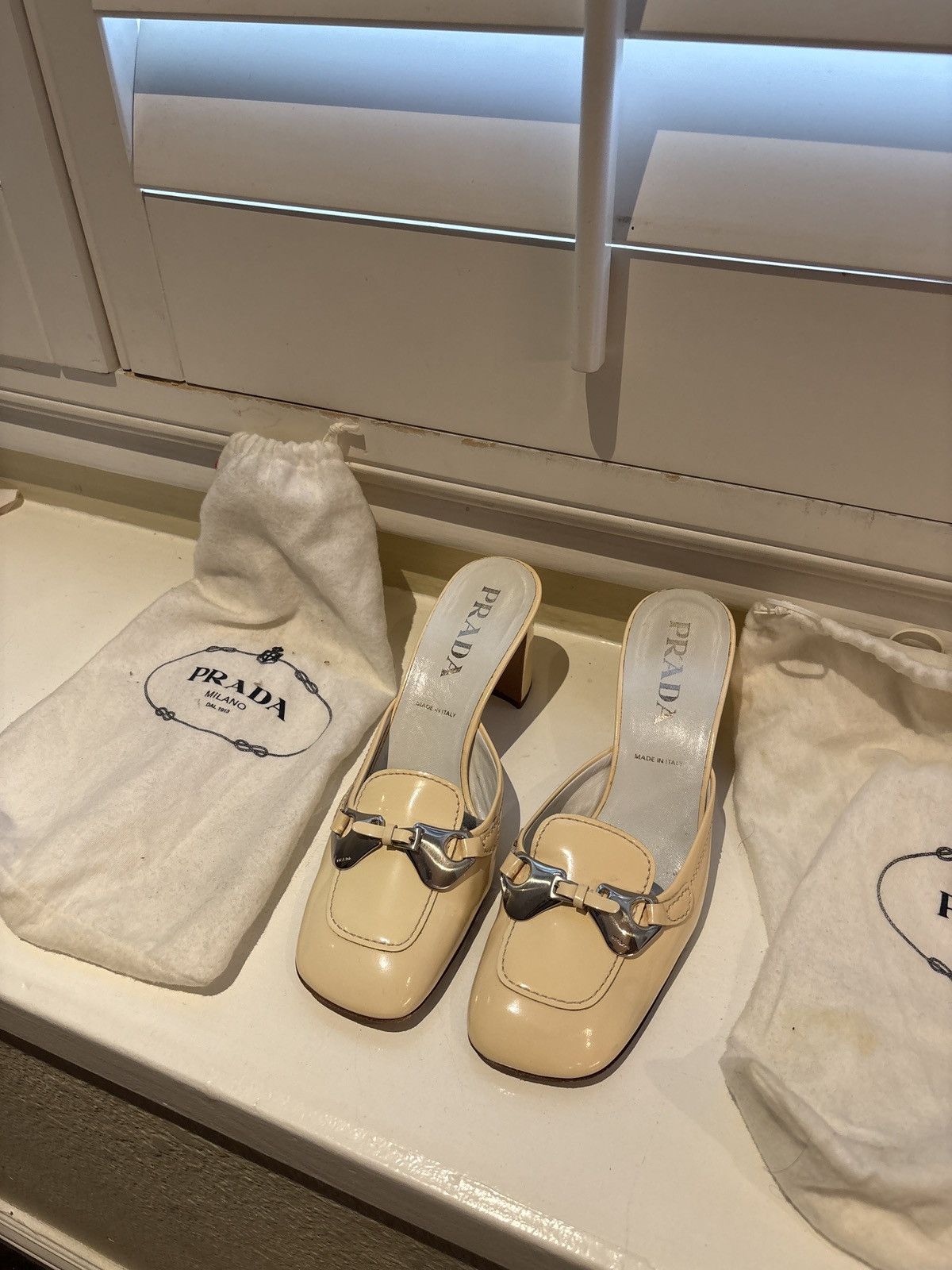 Prada Prada Mules Creme With Silver Buckle Size US 7.5 / IT 37.5 - 2 Thumbnail