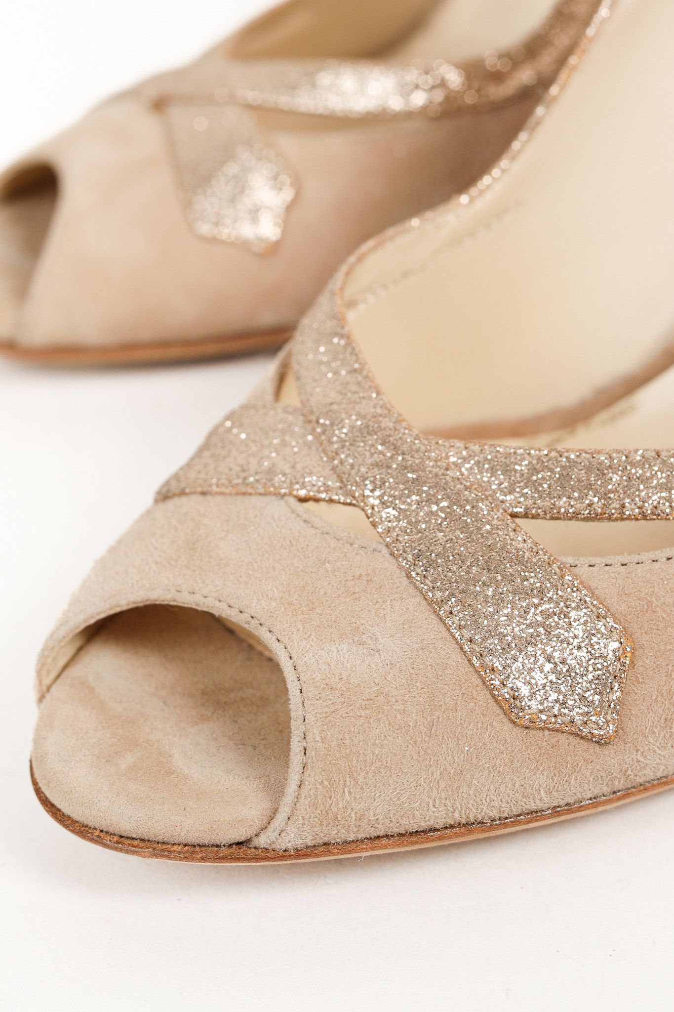 Jimmy Choo Jimmy Choo Beige Suede Glitter-Trimmer Peep Toe Pumps Size US 9.5 / IT 39.5 - 7 Thumbnail