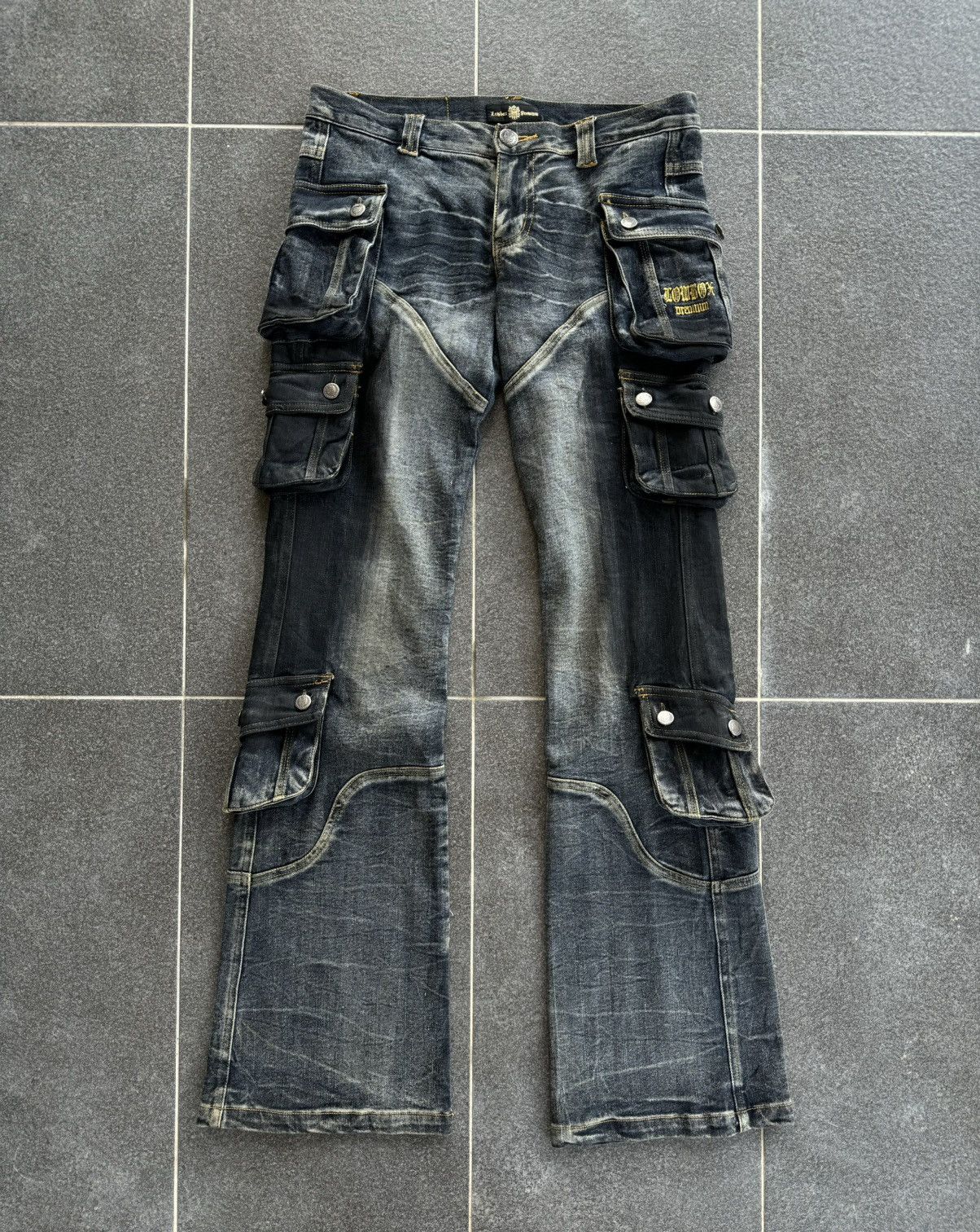 image of Archival Clothing x Avant Garde Lowbox Flared Cargo Jeans in Denim, Men's (Size 32)