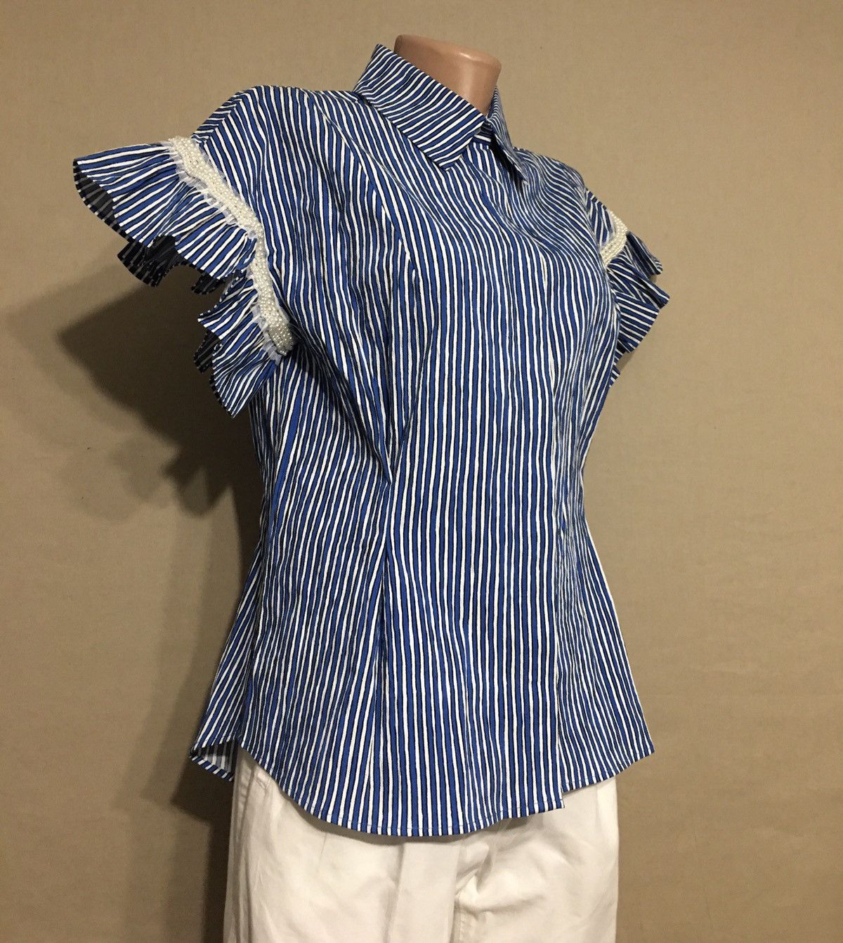 Sandro SANDRO Erine Blue Striped Ruffled-sleeve Shirt Blouse S Size S / US 4 / IT 40 - 6 Thumbnail