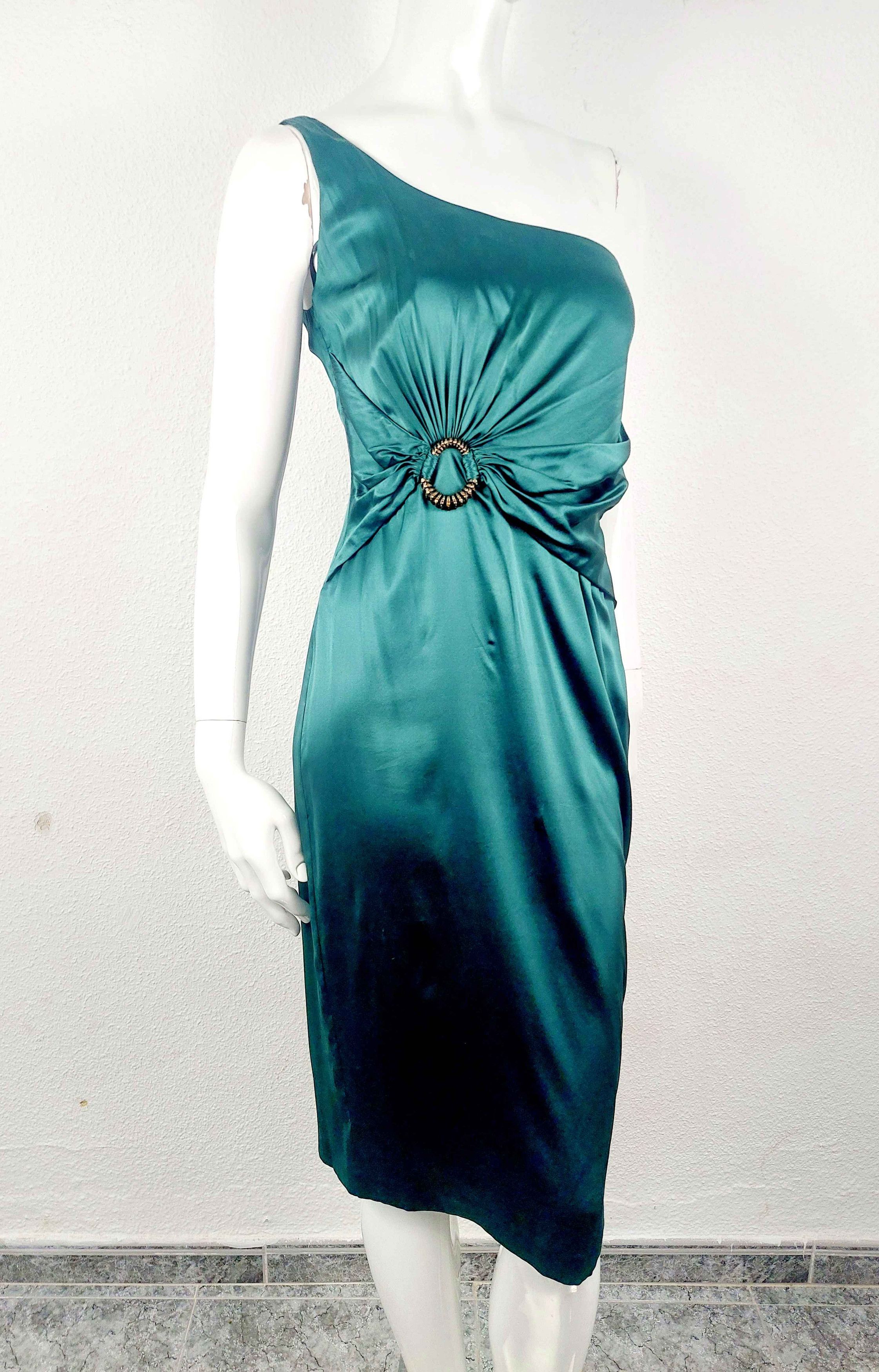 Roberto Cavalli Green silk asymmetrical Brooch Dress - cruiseboatoman.com