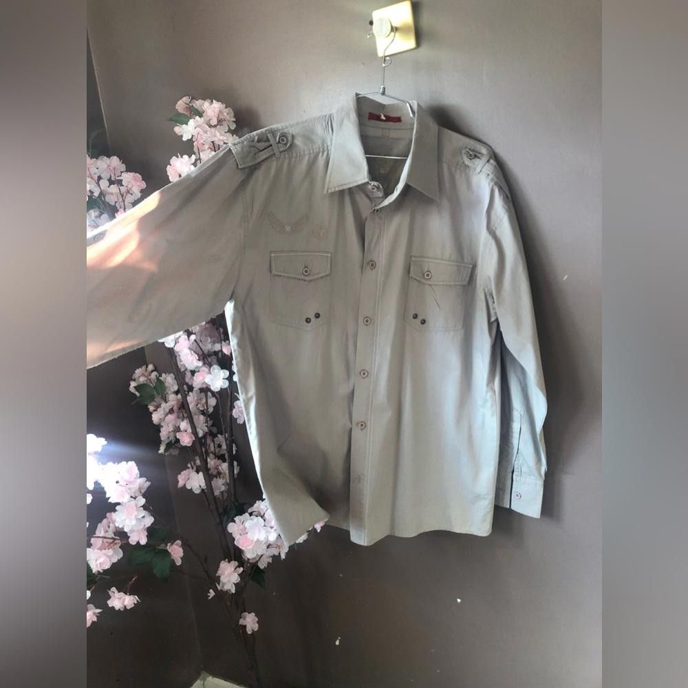 NBDN Nobrandedon Top shirt button down grey with naval designs Size 44R - 2 Thumbnail