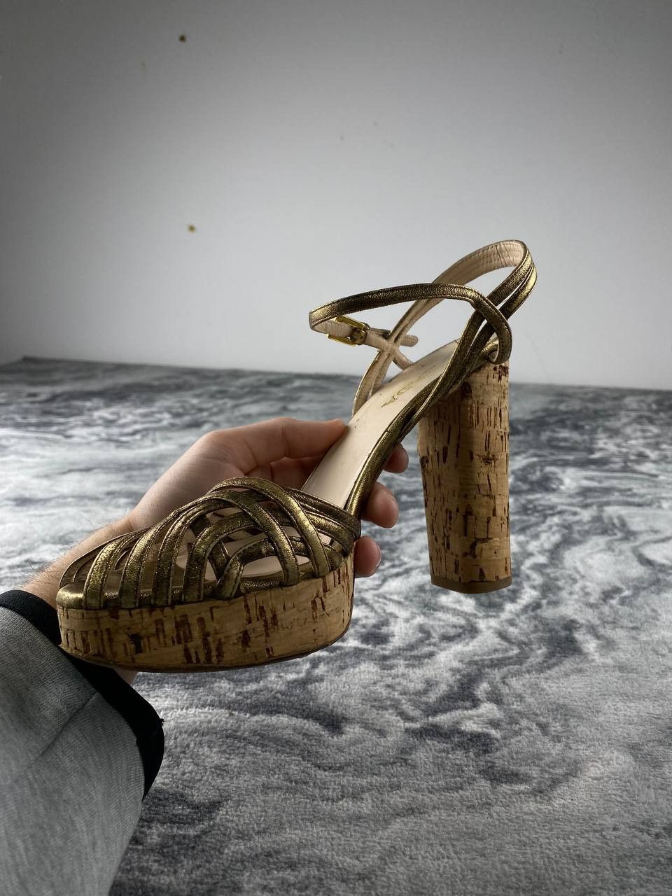 Prada Prada Metallic Gold Ankle Strap Cork Platform Block Heel Size US 8 / IT 38 - 2 Thumbnail