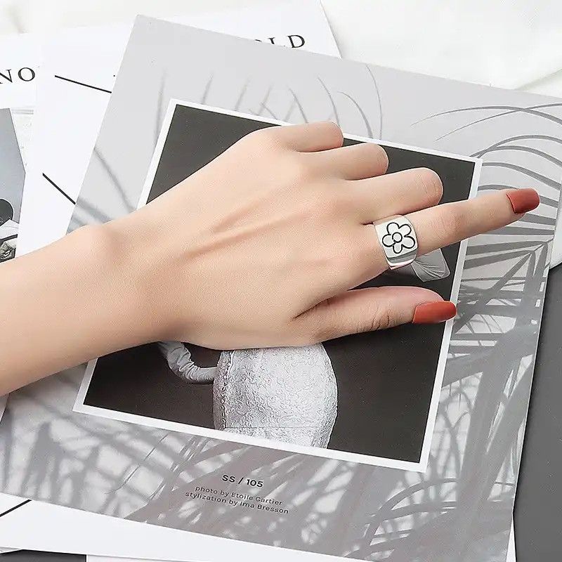 Jewelry Real 925 Silver Geometric flower pattern Adjustable Ring Size ONE SIZE - 3 Thumbnail