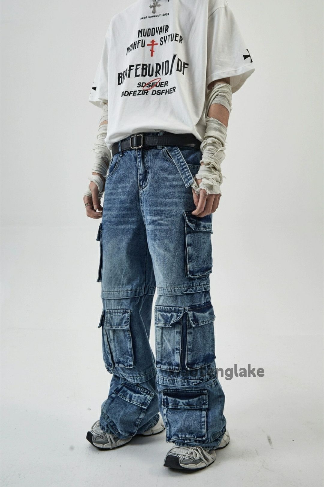 Jean Unisex washed faded loose baggy skate hiphop cargo jeans Size US 30 / EU 46 - 4 Thumbnail
