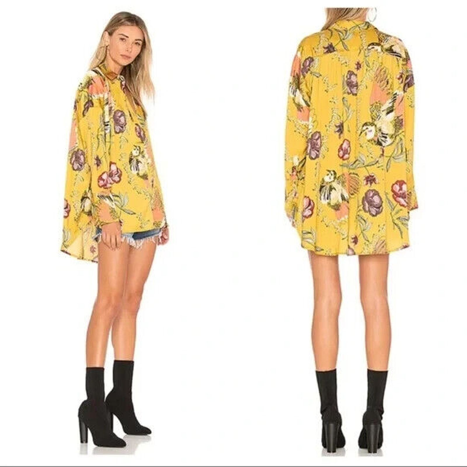 Free People FREE PEOPLE SILKY NIGHTS FLUER GOLD FLORAL LONG SLEEVE TOP Size XS / US 0-2 / IT 36-38 - 2 Thumbnail