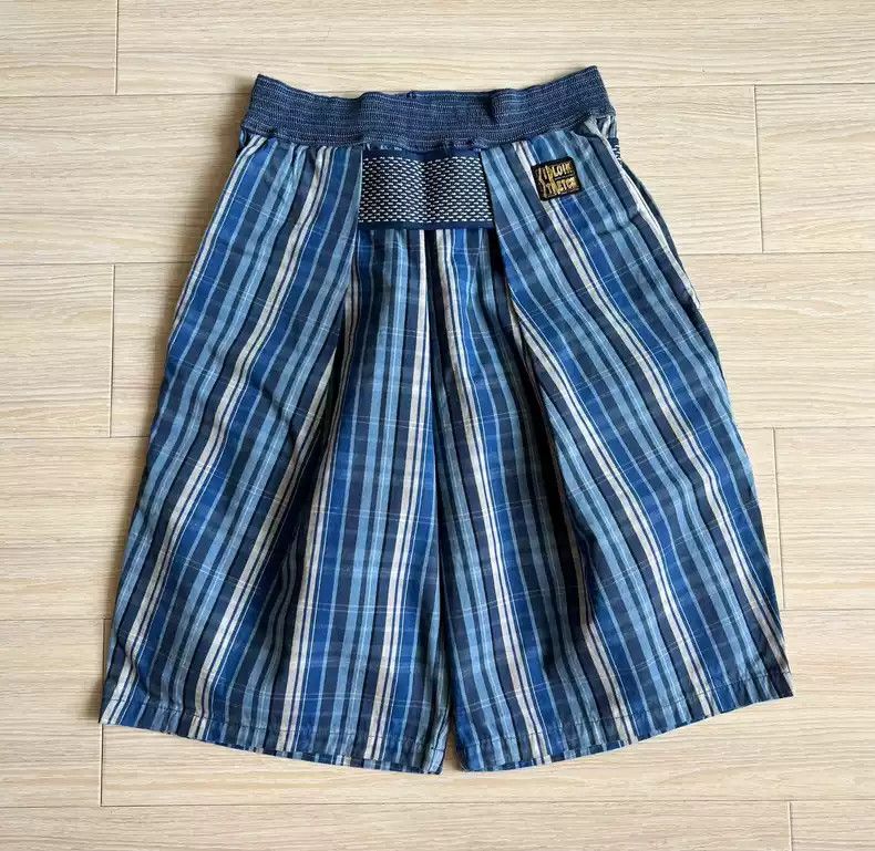image of Kapital Hirata And Acer Nissan Plaid Hook And Loop Loose Shorts in Blue, Men's (Size 34)
