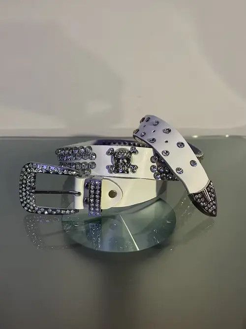 Anime × Goods × Japanese Brand Belts Y2K Rhinestone Skull Belt (white) Size 32 - 4 Thumbnail