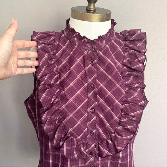 Other Purple Plaid Ruffled Front Sleeveless Blouse - Large Size L / US 10 / IT 46 - 3 Thumbnail