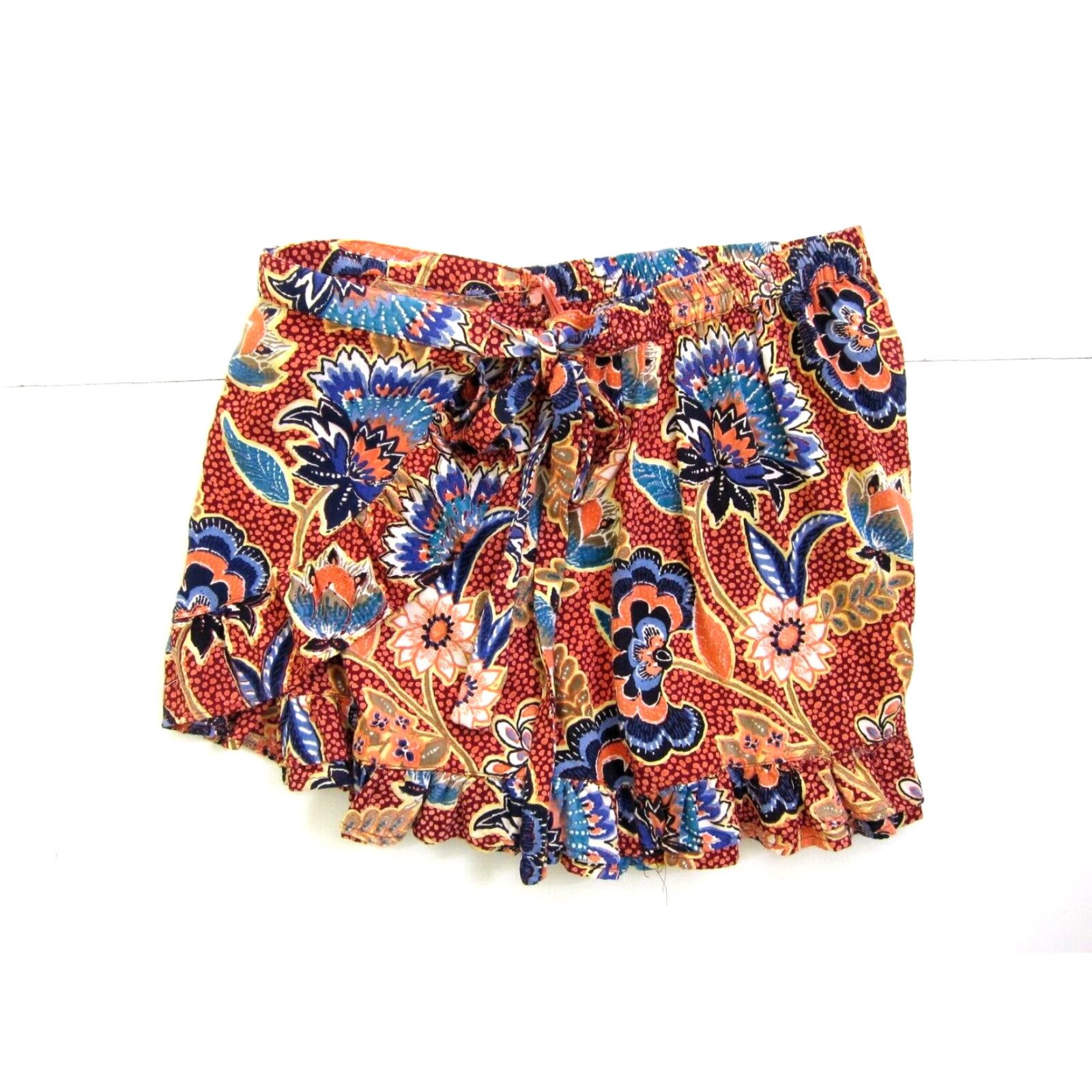 Vintage Angie Women Floral High Rise Ruffle Wrap Shorts 100% Rayon Orange Blue Large Size 36" / US 14 / IT 50 - 5 Thumbnail
