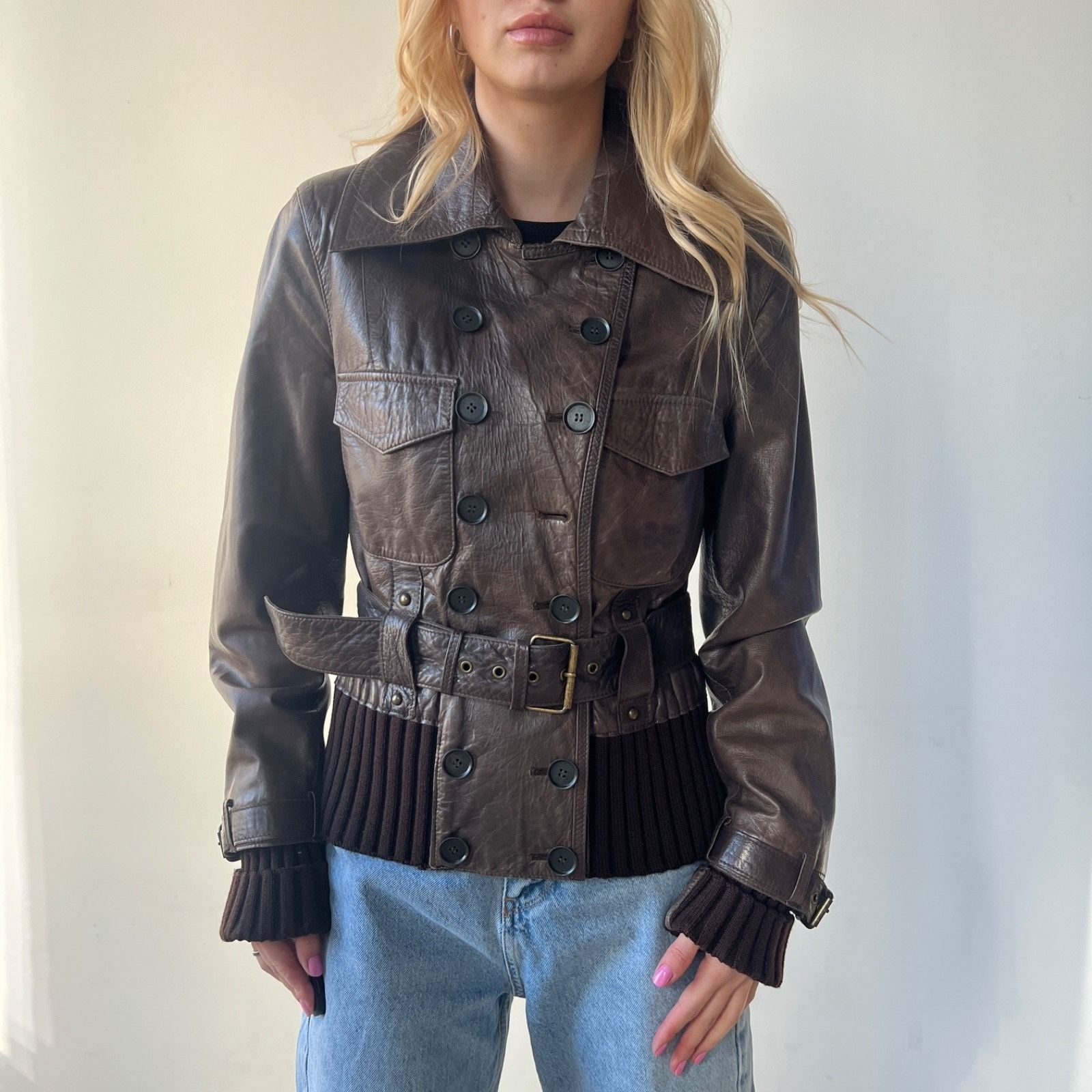 Genuine Leather Vintage Brown Lamb Leather Jacket Belted 0010BC Size L / US 10 / IT 46 - 2 Thumbnail