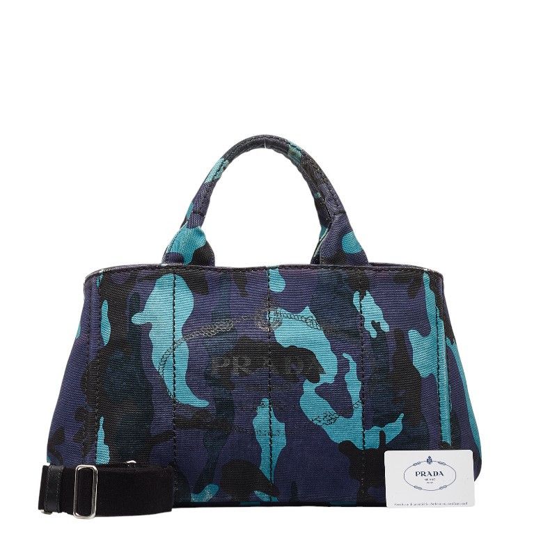 image of Prada Canapa Logo Camo Handbag in Blue, Women's