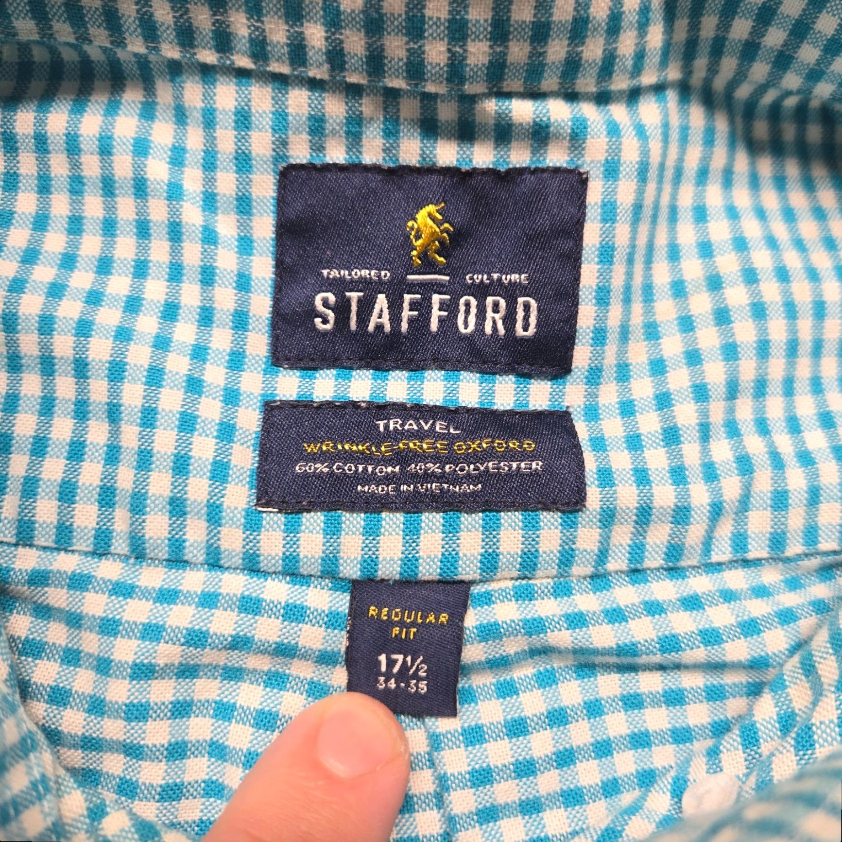 Stafford Stafford Shirt Button-Up Casual Travel 17.5 Blue Checked Long Sleeve Men’s Size 17.5 Regular Cotton Blend Size US XXL / EU 58 / 5 - 3 Thumbnail