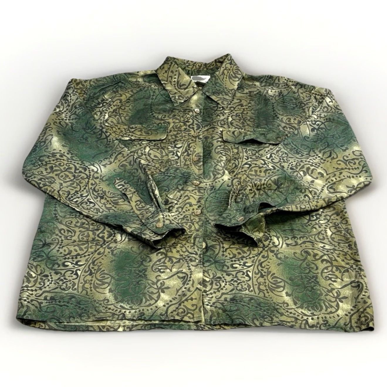 Etro VINTAGE Cezar Silk Shirt Women's Green Paisley Damask Pattern Large Long Sleeve Button-Up Retro Size L / US 10 / IT 46 - 2 Thumbnail