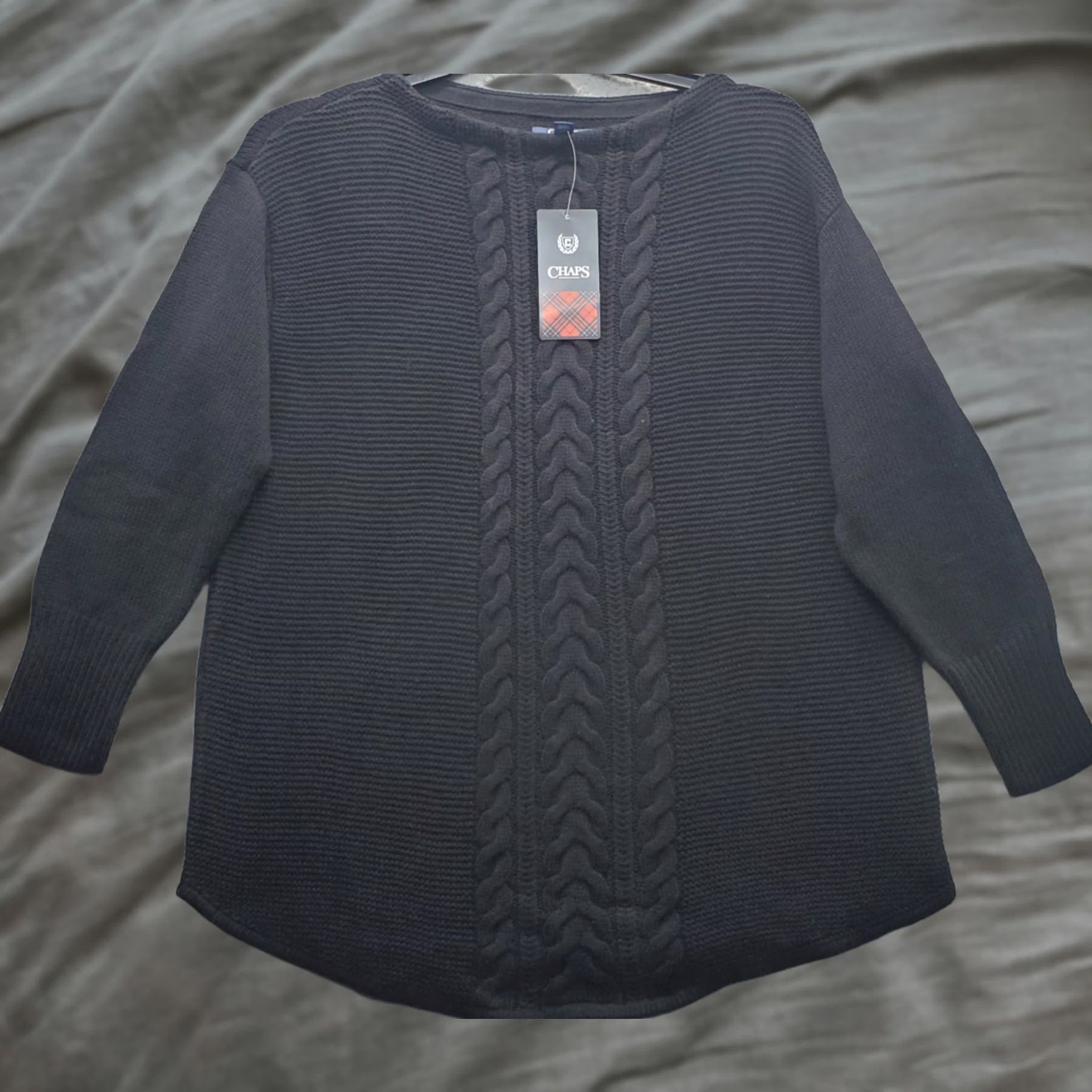Chaps Chaps Womens L Tunic Sweater 3/4 Sleeve Black Cable-Knit Seed Stitch Pullover Knit Crew Neck Casual Womens Size L Size L / US 10 / IT 46 - 1 Thumbnail
