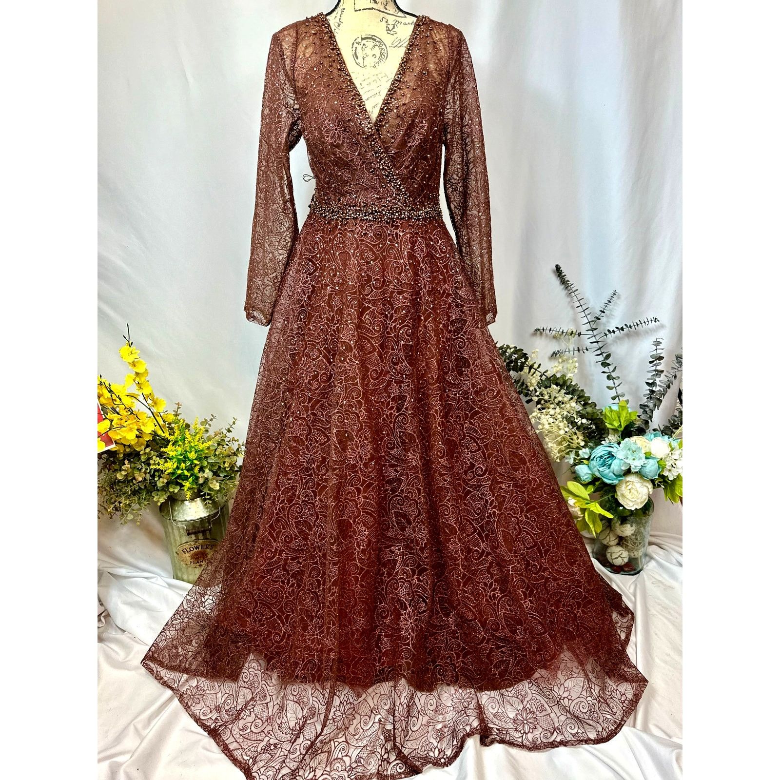 Other Mac Duggal Embellished Illusion V-Neck Gown Chocolate 12 Size XL / US 12-14 / IT 48-50 - 7 Thumbnail