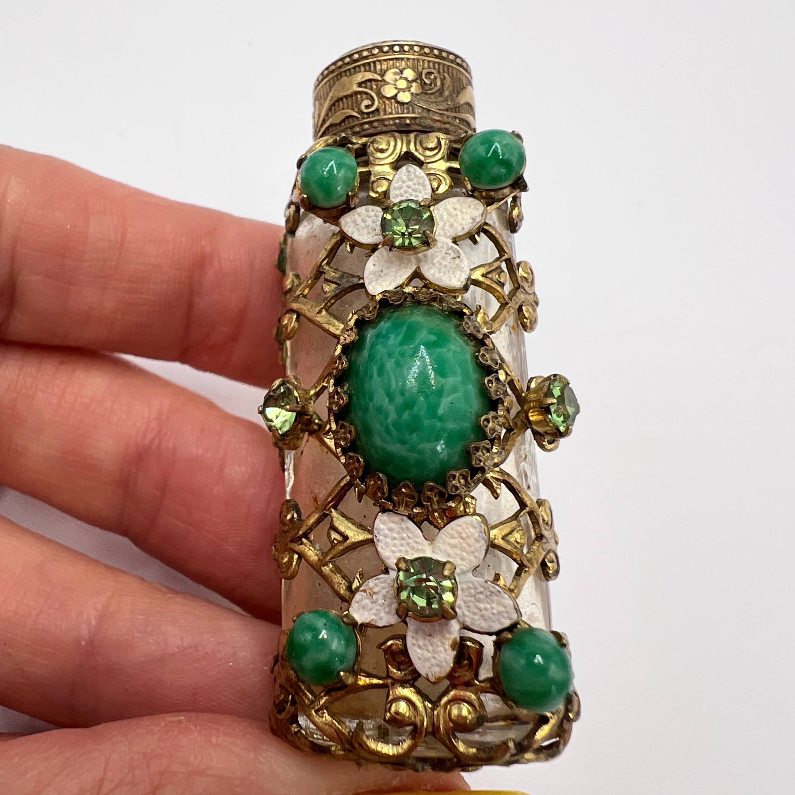 Vintage 1970 Vintage Czech Glass Perfume Bottle Gilt Brass Filigree Size ONE SIZE - 9 Thumbnail