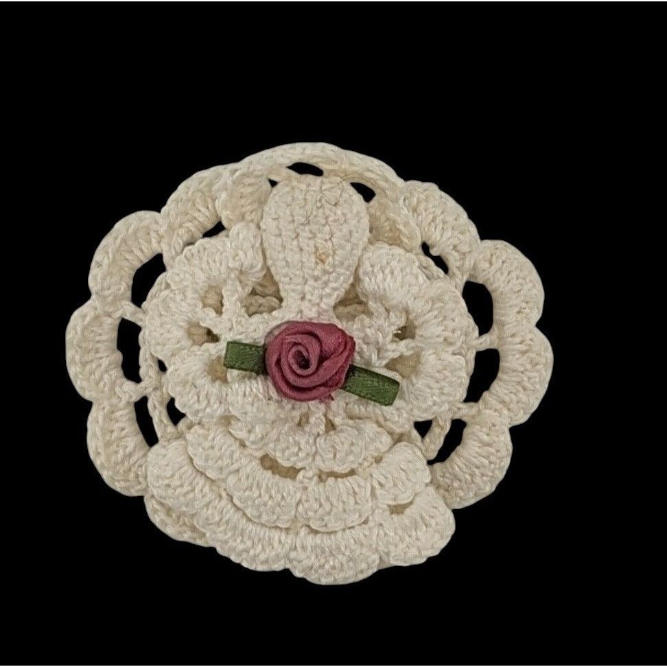 Other Vintage Handmade Crochet Angel Brooch With Ribbon Rose Accen Size ONE SIZE - 1 Thumbnail
