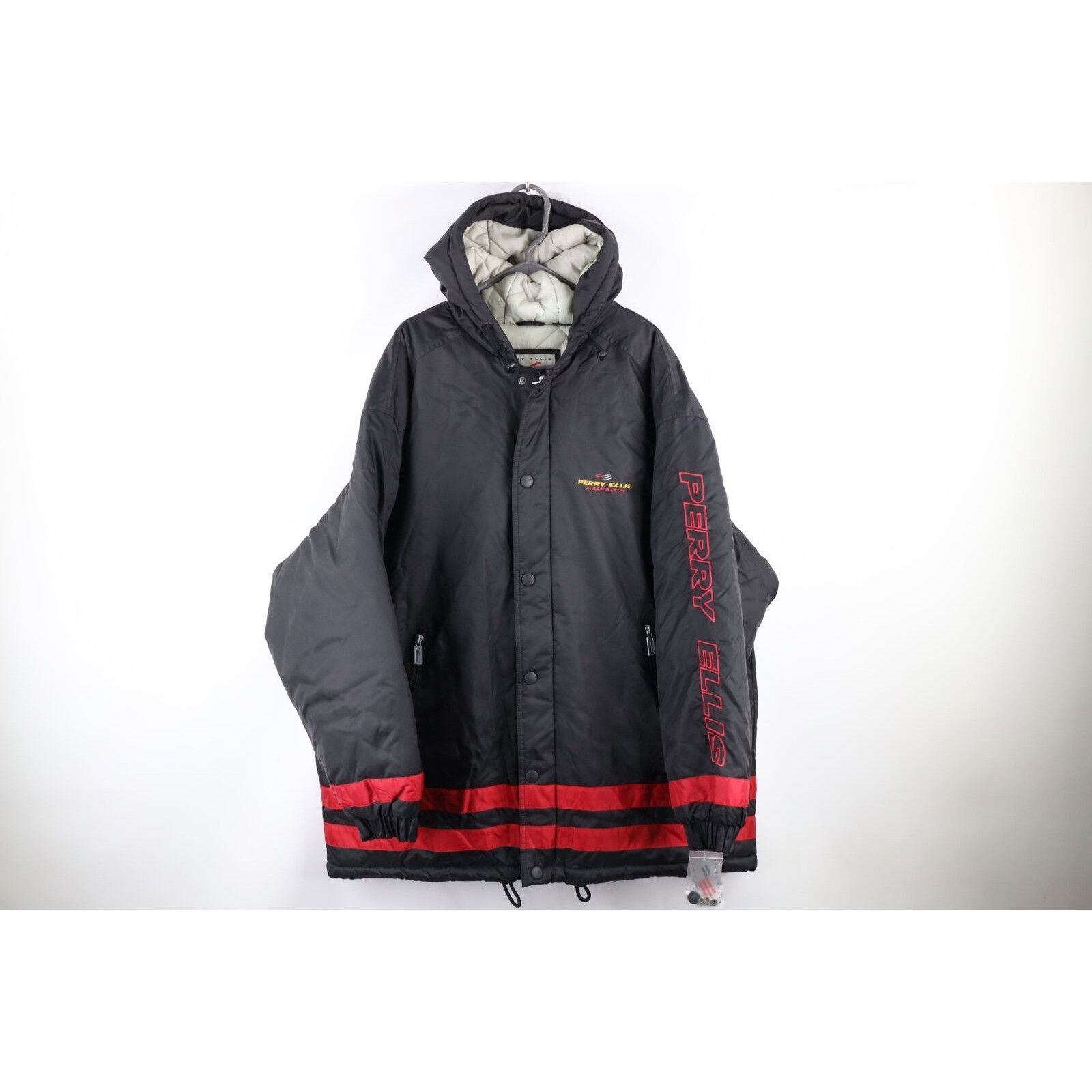 image of Nos Vintage 90's Perry Ellis Quilt Lined Hooded Parka Jacket in Black, Men's (Size 2XL)