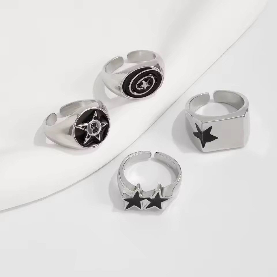 Jewelry 4pcs set Punk Hip Hop Star Geometric Streetwear Rings Size ONE SIZE - 5 Thumbnail