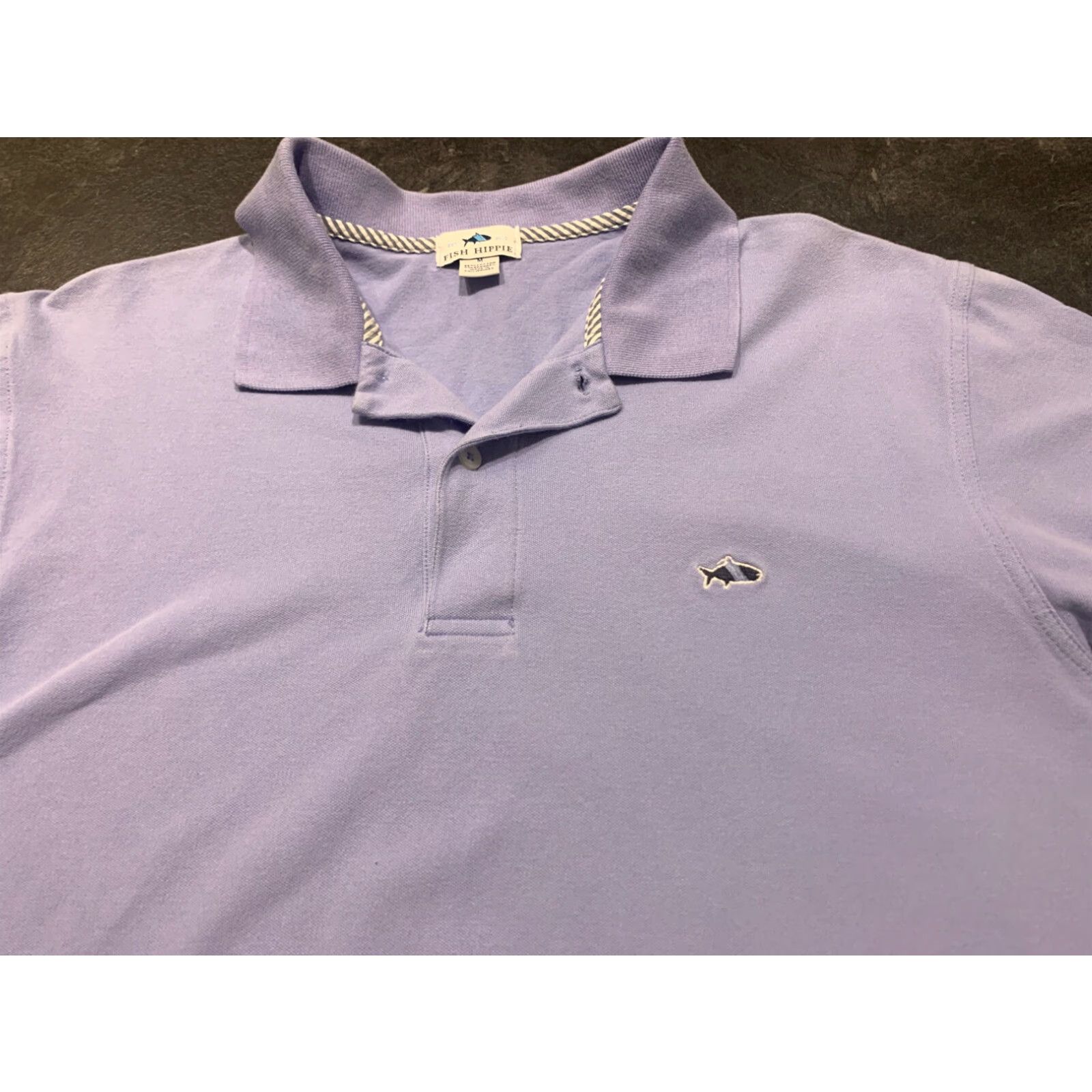 Vintage Hippie Fish Co. Men's Lightweight Polo Shirt Striped Short Sleeve M Blue Purple Lavender Fishing Size US M / EU 48-50 / 2 - 3 Thumbnail
