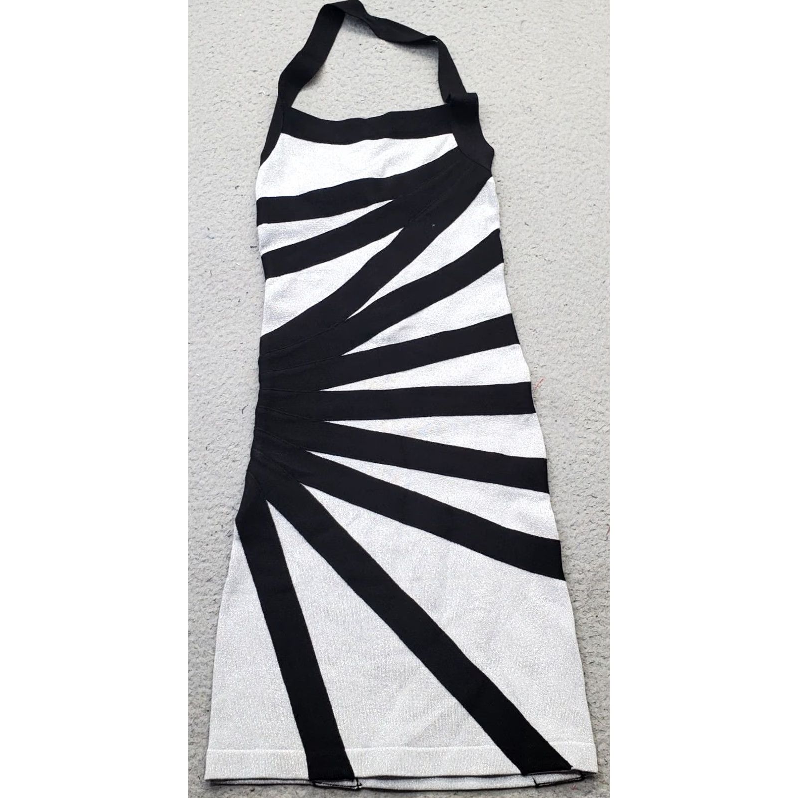 Bebe bebe Bodycon Dress Womens XS Silver Black Striped Halter Neck Back Zip Shirt Sleeveless Knee Length Formal Party/Cocktail Womens XS Silver & Black Size XS / US 0-2 / IT 36-38 - 2 Thumbnail