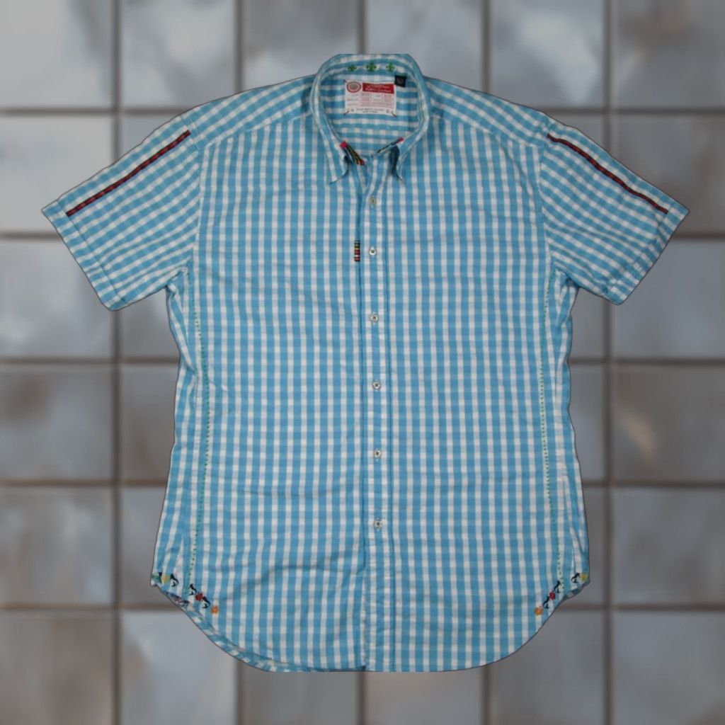 Robert Graham Robert Graham Shirt Mens XL Blue Short Sleeve Button-Up Embroidered Check Cotton Blend No N/A Size US XL / EU 56 / 4 - 1 Thumbnail