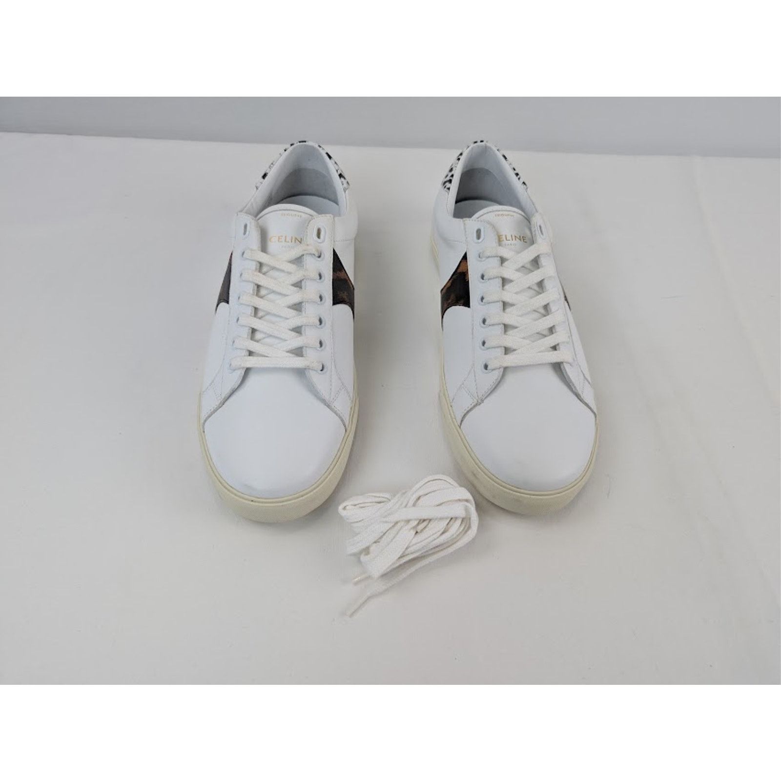 Celine o1rshd1 Smooth Leather Low Top Sneakers in White / Brown Size US 8 / EU 41 - 10 Thumbnail