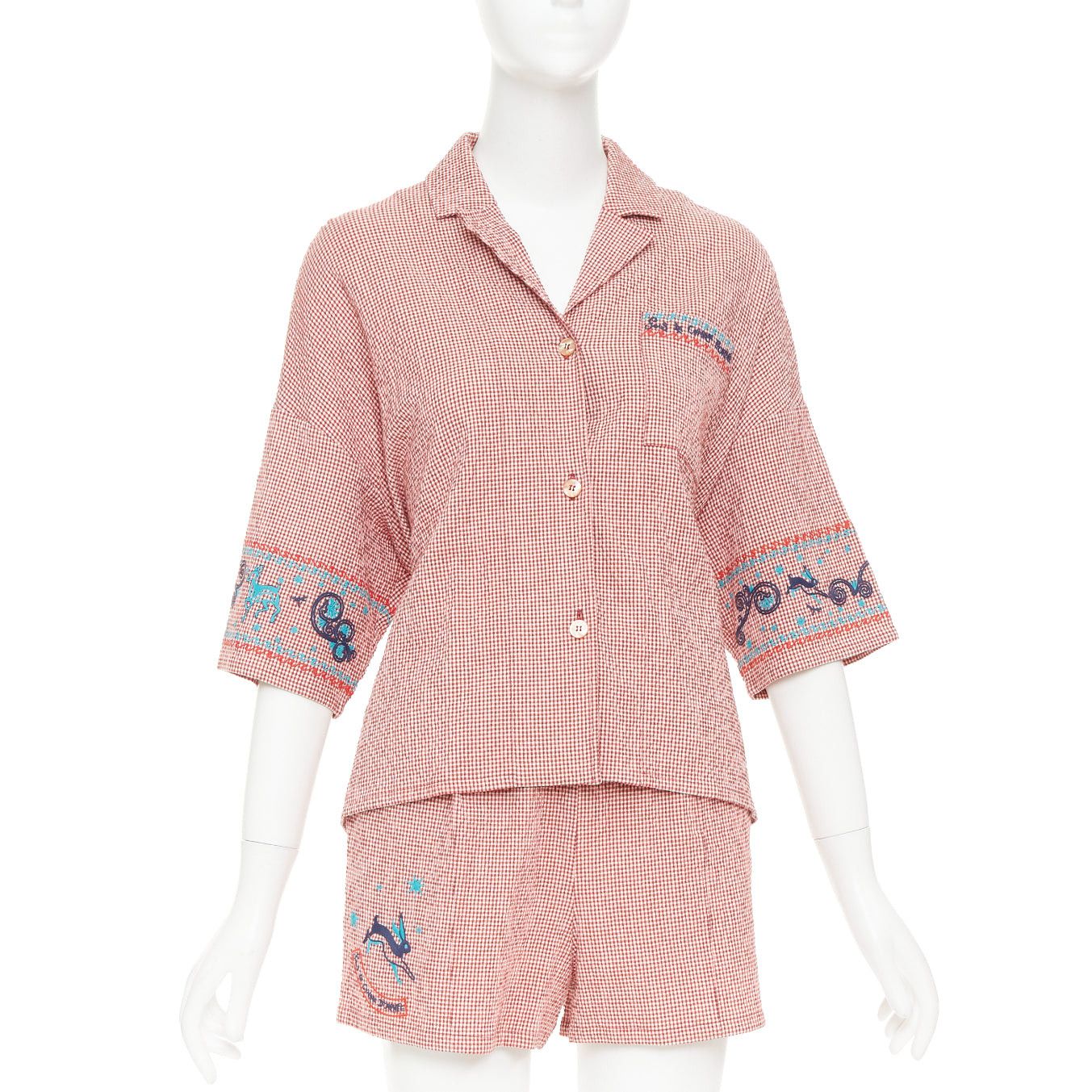 Hermes HERMES Sur La Pouce red gingham cotton blend embroidered pajama shirt shorts set FR34 XS Size XS / US 0-2 / IT 36-38 - 1 Thumbnail