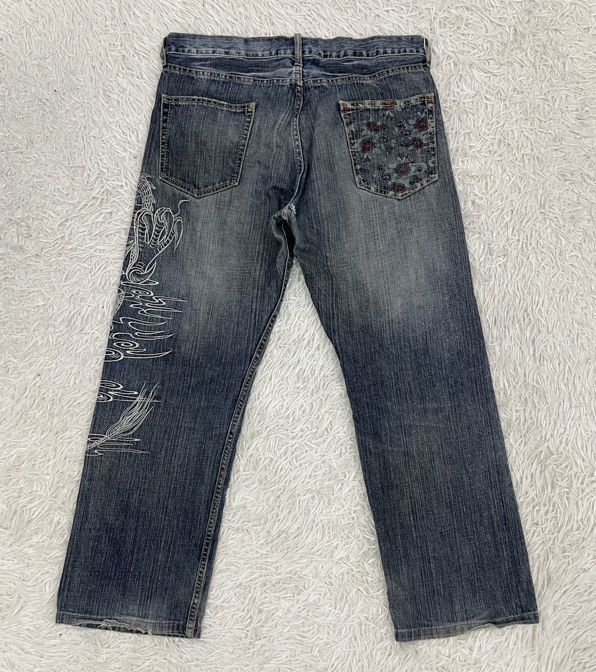 Japanese Brand Dragon Embroidered & Flowers Printed Flare Jeans Pant Size US 36 / EU 52 - 2 Thumbnail