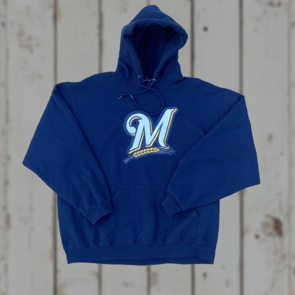 VINTAGE Milwaukee Brewers Hoodie Mens XL Sweatshirt Baseball