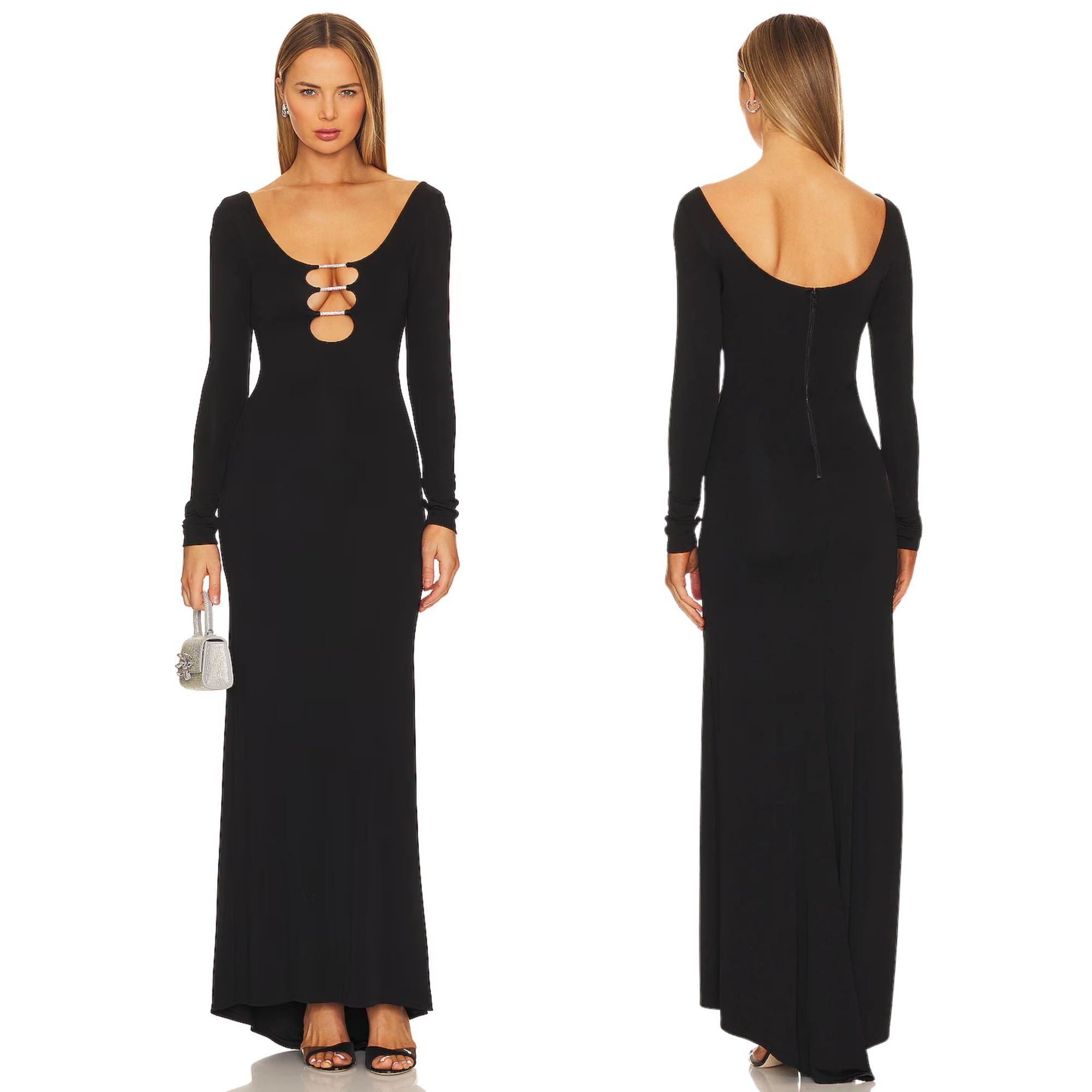 Alice + Olivia Alice + Olivia Kalena Crystal Cutout Black Jersey Maxi Dress Size XS / US 0-2 / IT 36-38 - 2 Thumbnail