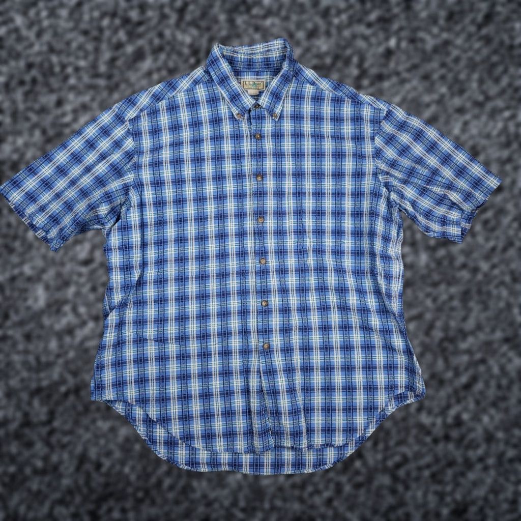 Vintage VINTAGE L.L. Bean Shirt Western Plaid 100% Cotton Short Sleeve Button-Up Collared XL Men’s Regular Blue Textured Size US XL / EU 56 / 4 - 1 Thumbnail