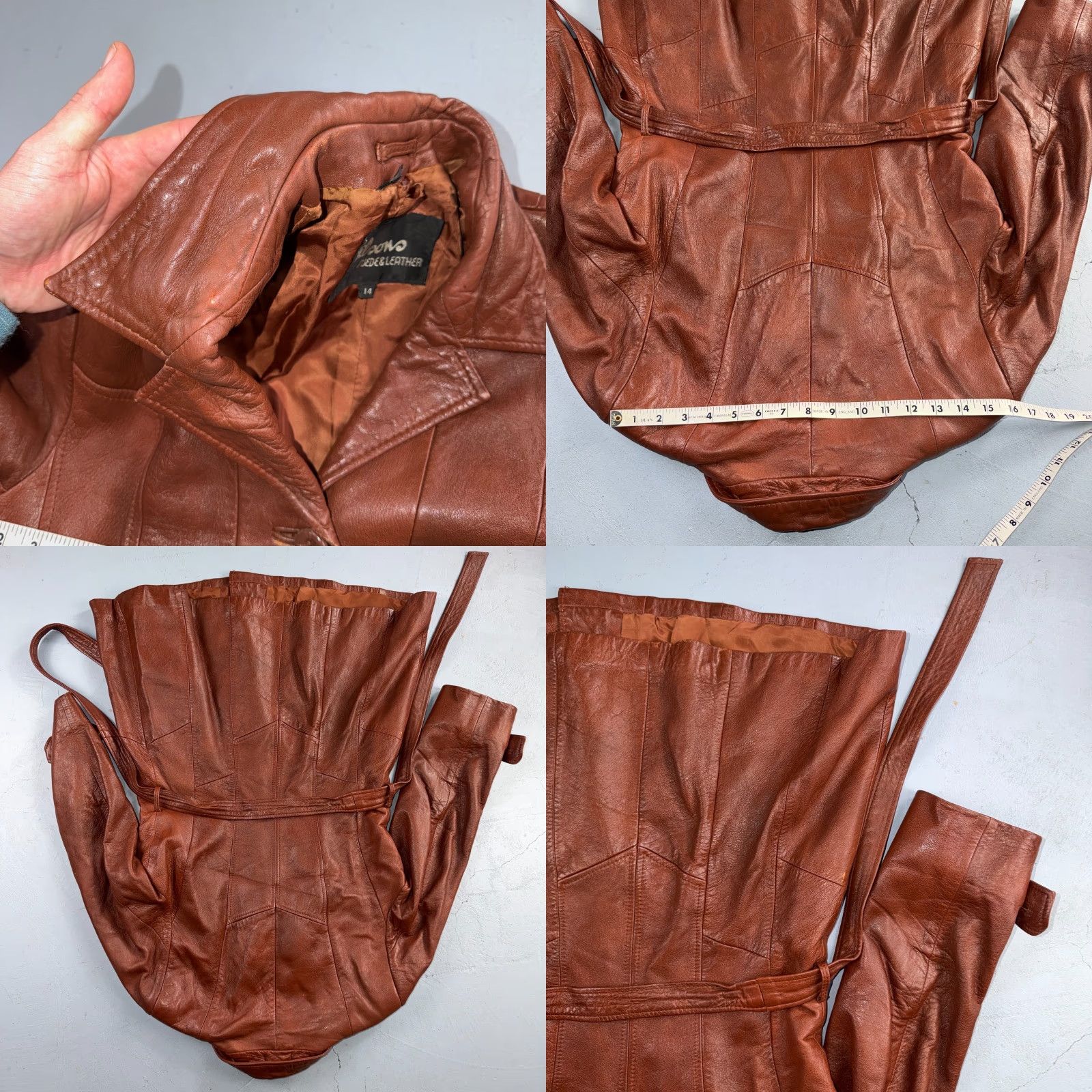 Vintage VTG Wilsons Women's Brown 100% Leather Jacket Trench Coat Car Belted 80s 90s Size XL / US 12-14 / IT 48-50 - 10 Thumbnail
