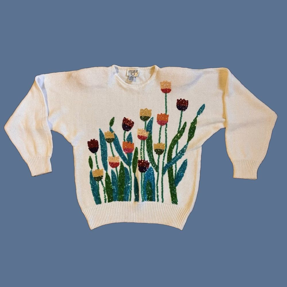 Vintage VINTAGE Cerville Floral Sequined Sweater Women’s M White 80s Sweater Size M / US 6-8 / IT 42-44 - 1 Thumbnail