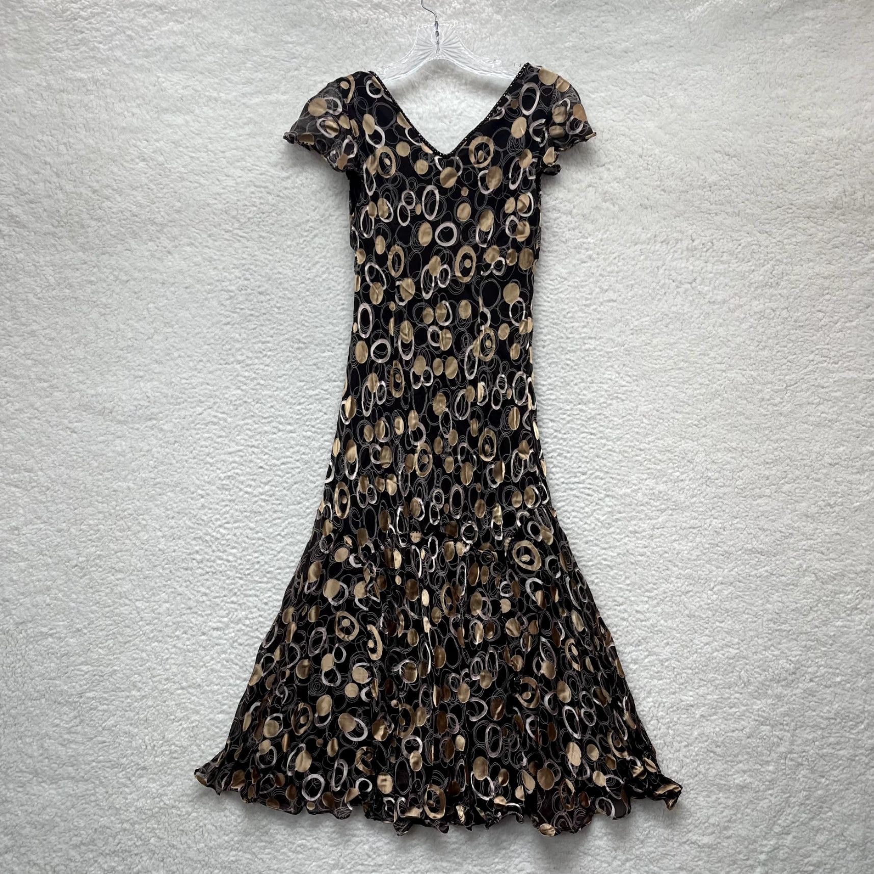 Vintage Y2K Vintage Silk Midi Dress 8 Medium Brown Pattern Beaded Boho Mod Cottagecore CC Women's Petite 8 Brown Bohemian Silk Midi Dress"} Size M / US 6-8 / IT 42-44 - 2 Thumbnail