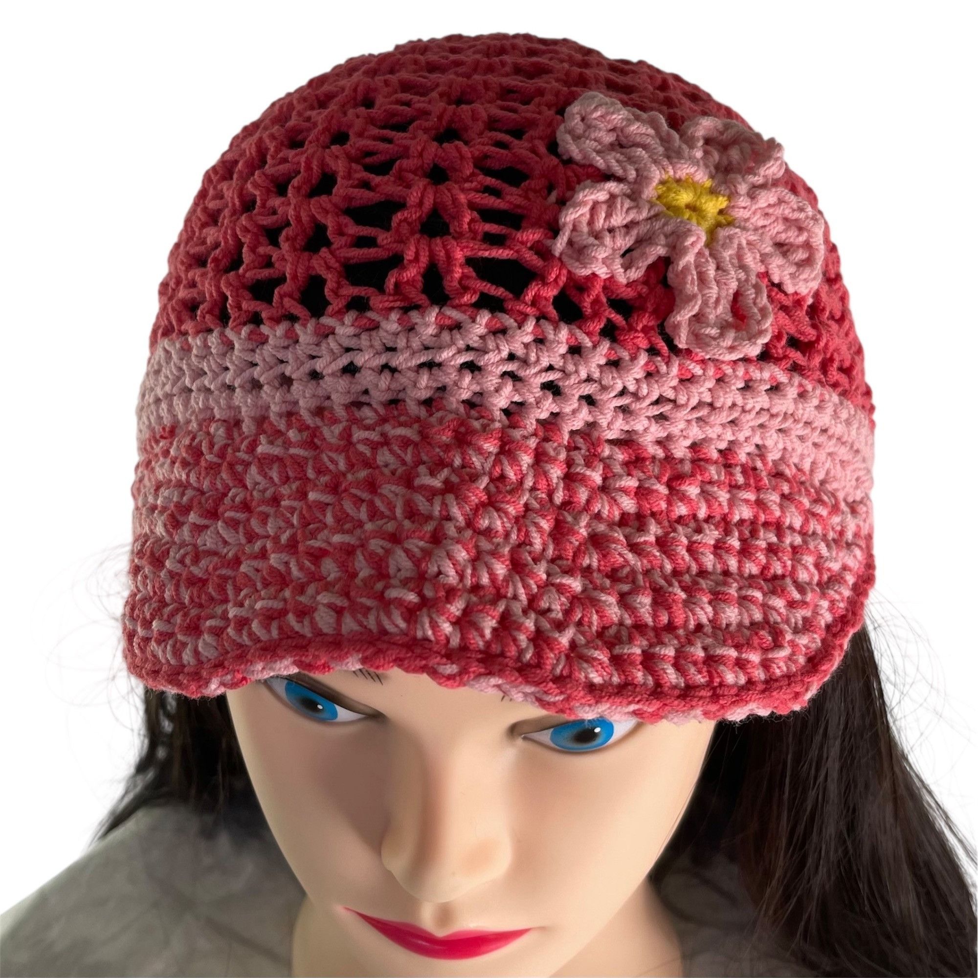 Handmade Crochet Baseball Cap Ponytail Hat Breathable Pattern Pink Ad Size ONE SIZE - 2 Thumbnail