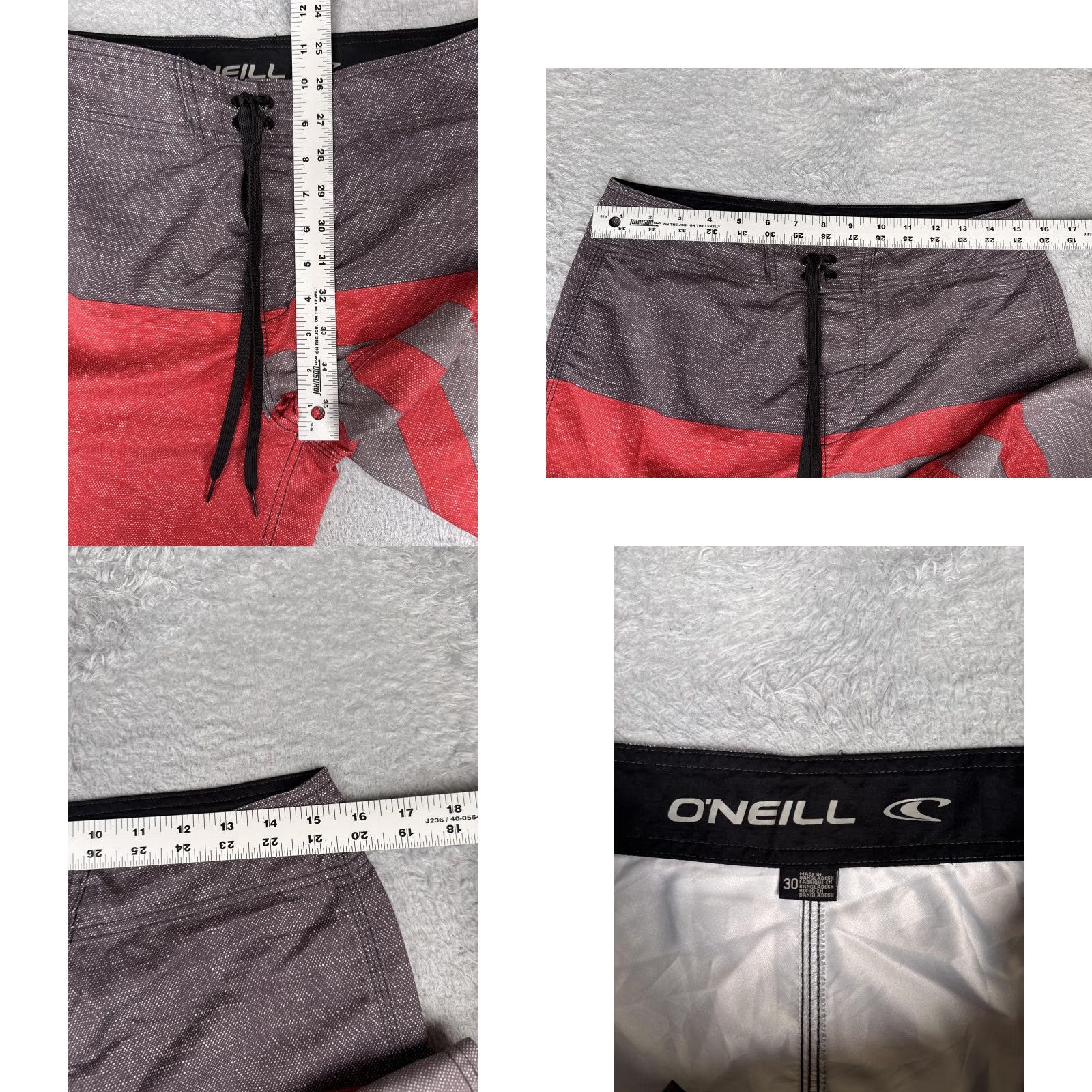 O'Neill O'Neill Board Shorts Mens 30 Red Gray Stripe Surf Beach Drawstring Pockets Trunks Size US 30 / EU 46 - 8 Thumbnail