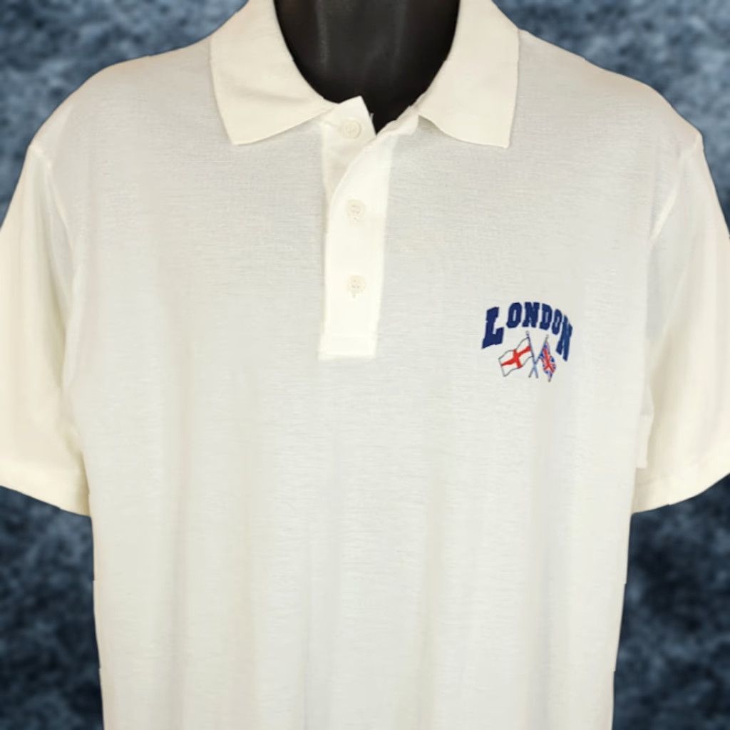 Vintage VINTAGE London Polo Shirt Mens Size Large 90s United Kingdom UK England Travel Starworld White Cotton Button-Up Short Sleeve Collared 90s Mens Size US L / EU 52-54 / 3 - 1 Thumbnail