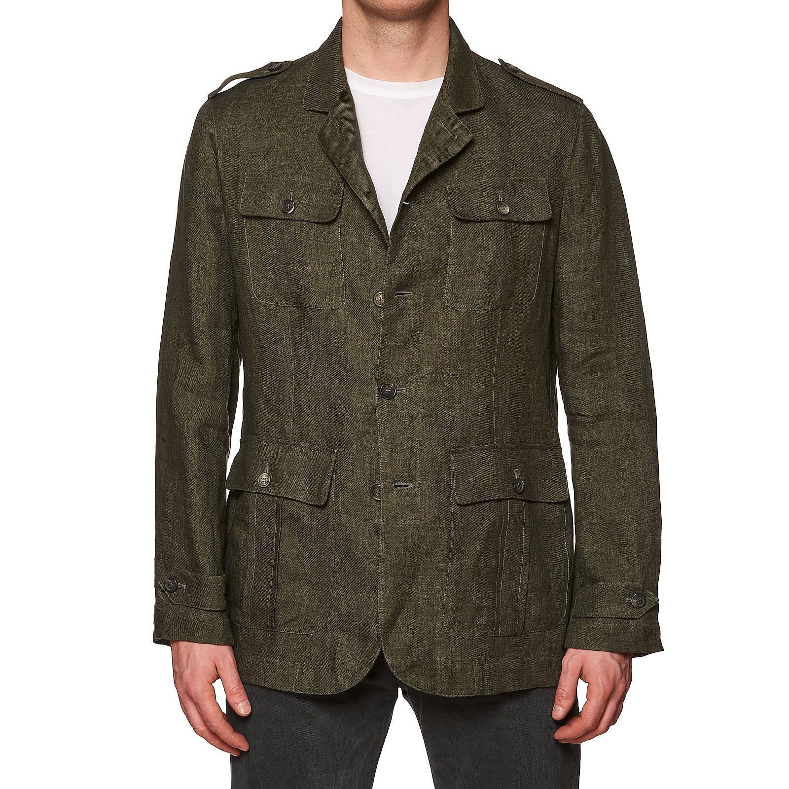 Brunello Cucinelli BRUNELLO CUCINELLI Olive Green Linen Safari Field Jacket Size US M / EU 48-50 / 2 - 1 Thumbnail