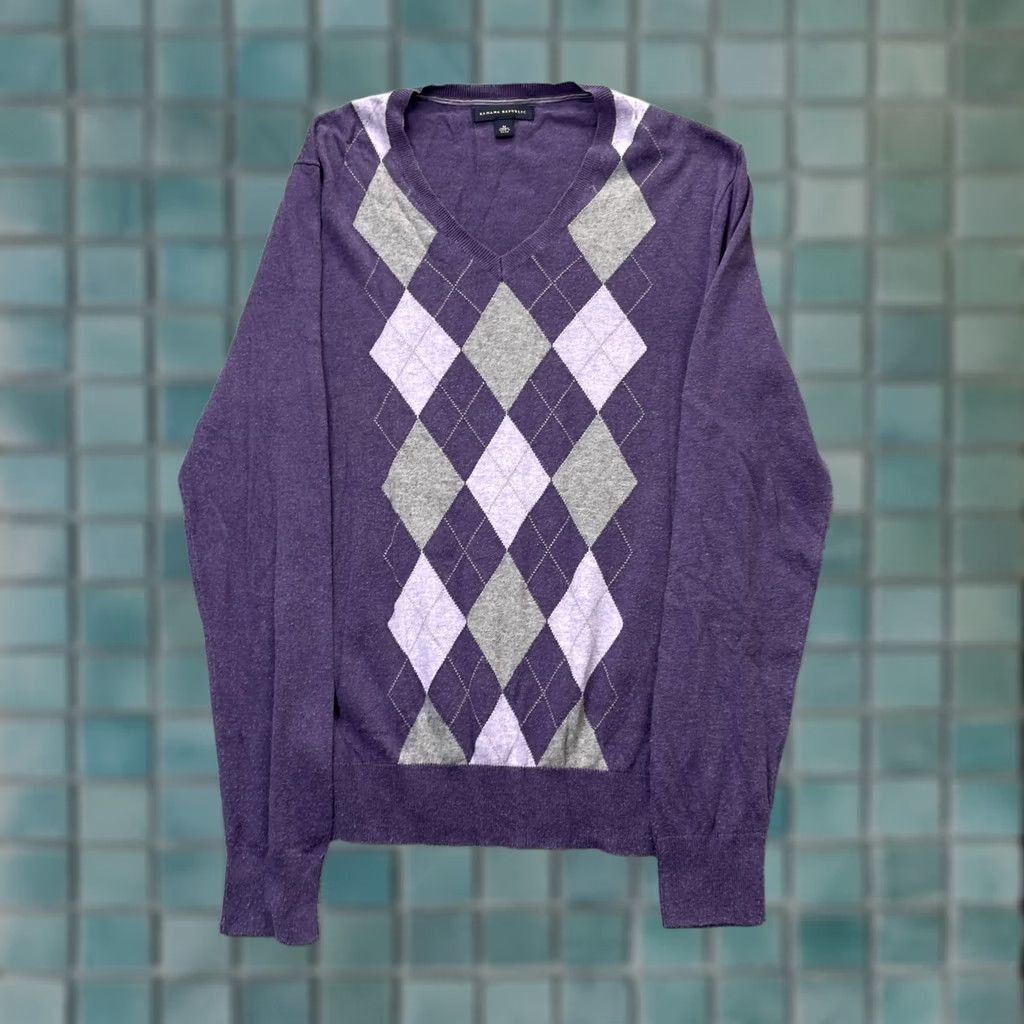 Banana Republic Banana Republic Sweater Mens Medium Purple Argyle V Neck Tight Knit Cotton Size US M / EU 48-50 / 2 - 1 Thumbnail