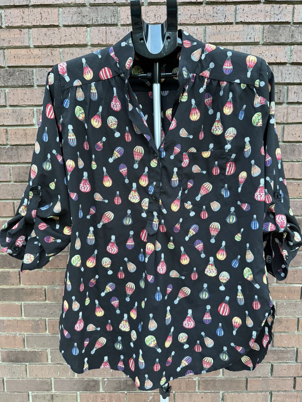 Other CALS Cal Style Hot Air Balloon Black Blouse Roll Tab Sleeve Size L / US 10 / IT 46 - 5 Thumbnail
