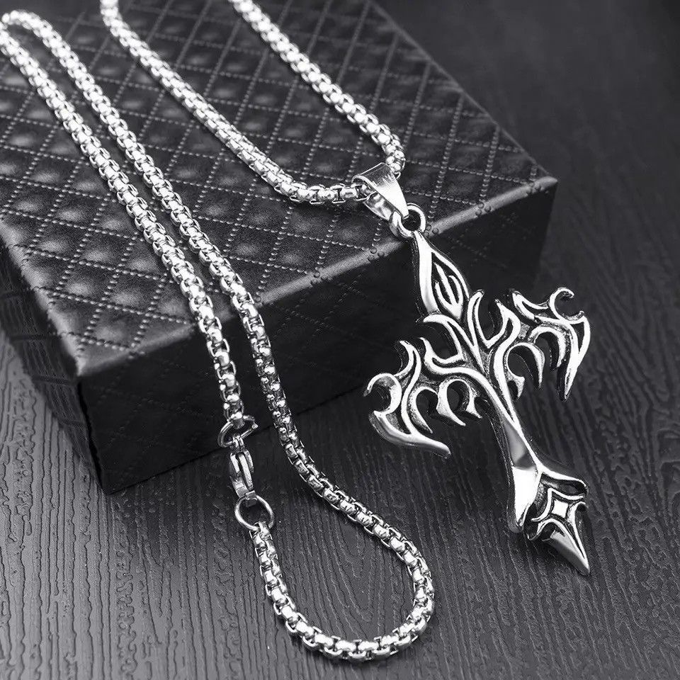 Jewelry x Vintage Chrome Silver Cross Chain Goth God Pendant Necklace, Men's