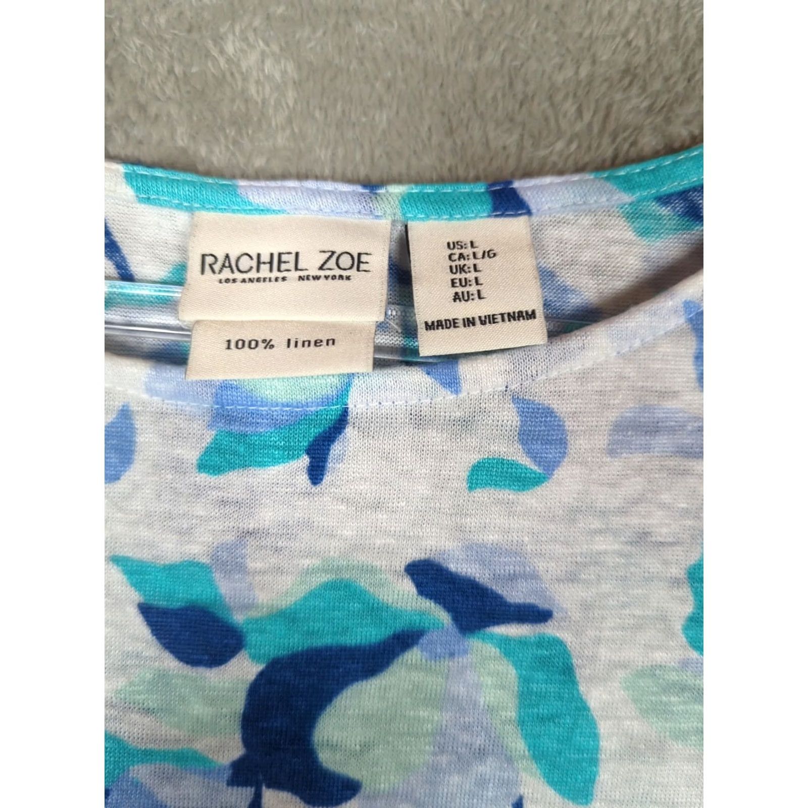 Rachel Zoe RACHEL ZOE Womens L Tee Shirt Top 100% Linen Blue Floral Round Neck Casual Cap Sleeve Short Sleeve NWT Size L / US 10 / IT 46 - 2 Thumbnail