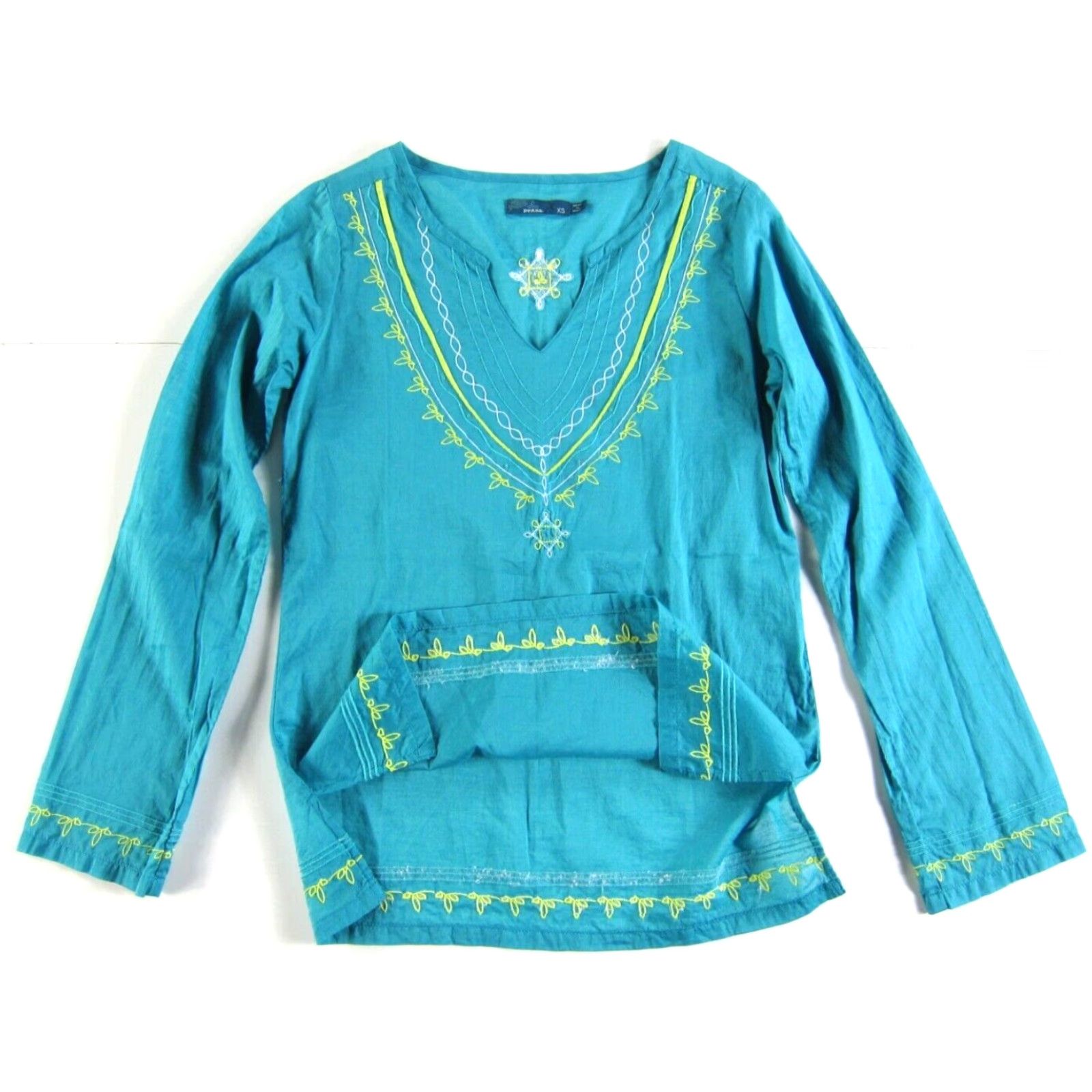 Prana VINTAGE PrAna 100% Cotton Blue Yellow Embroidered V-Neck Long Sleeve Peasant Blouse XS Size XS / US 0-2 / IT 36-38 - 4 Thumbnail