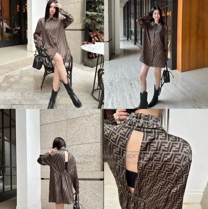 Fendi Fendi Brown Silk Long Sleeve Dress for Women . Size L / US 10 / IT 46 - 5 Thumbnail