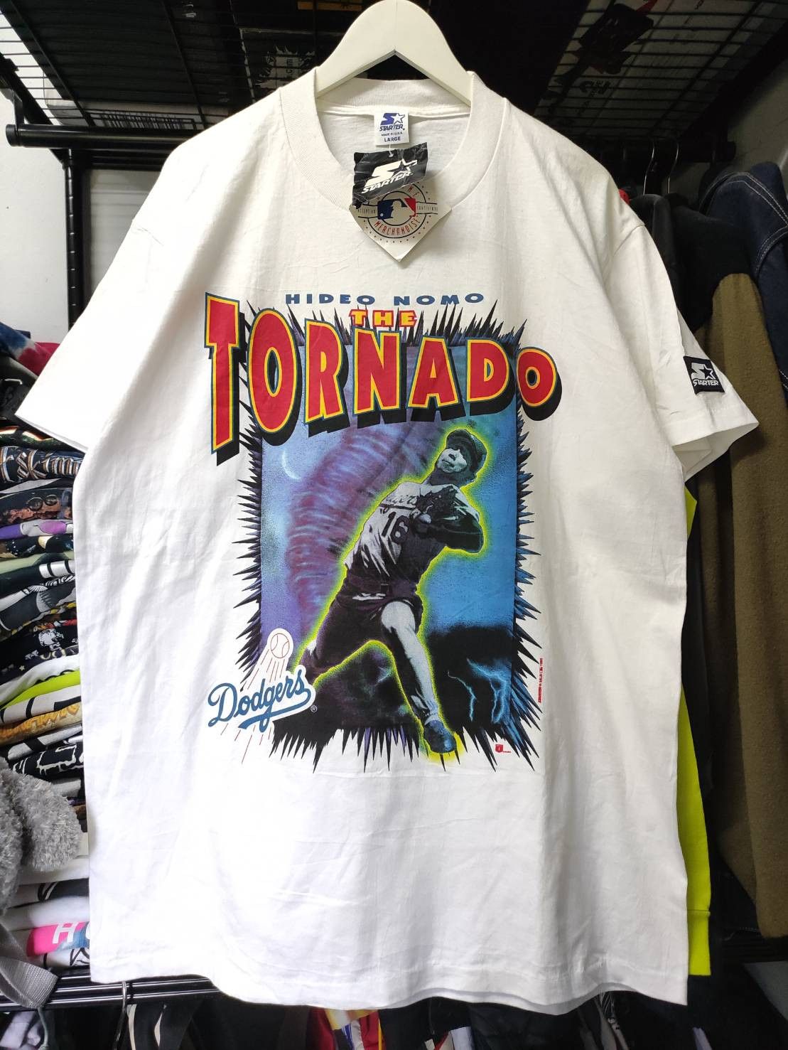 image of VTG 1995 Deadstock La Dodgers Hideo Nomo Starter Usa T-Shirt in White, Men's (Size XL)