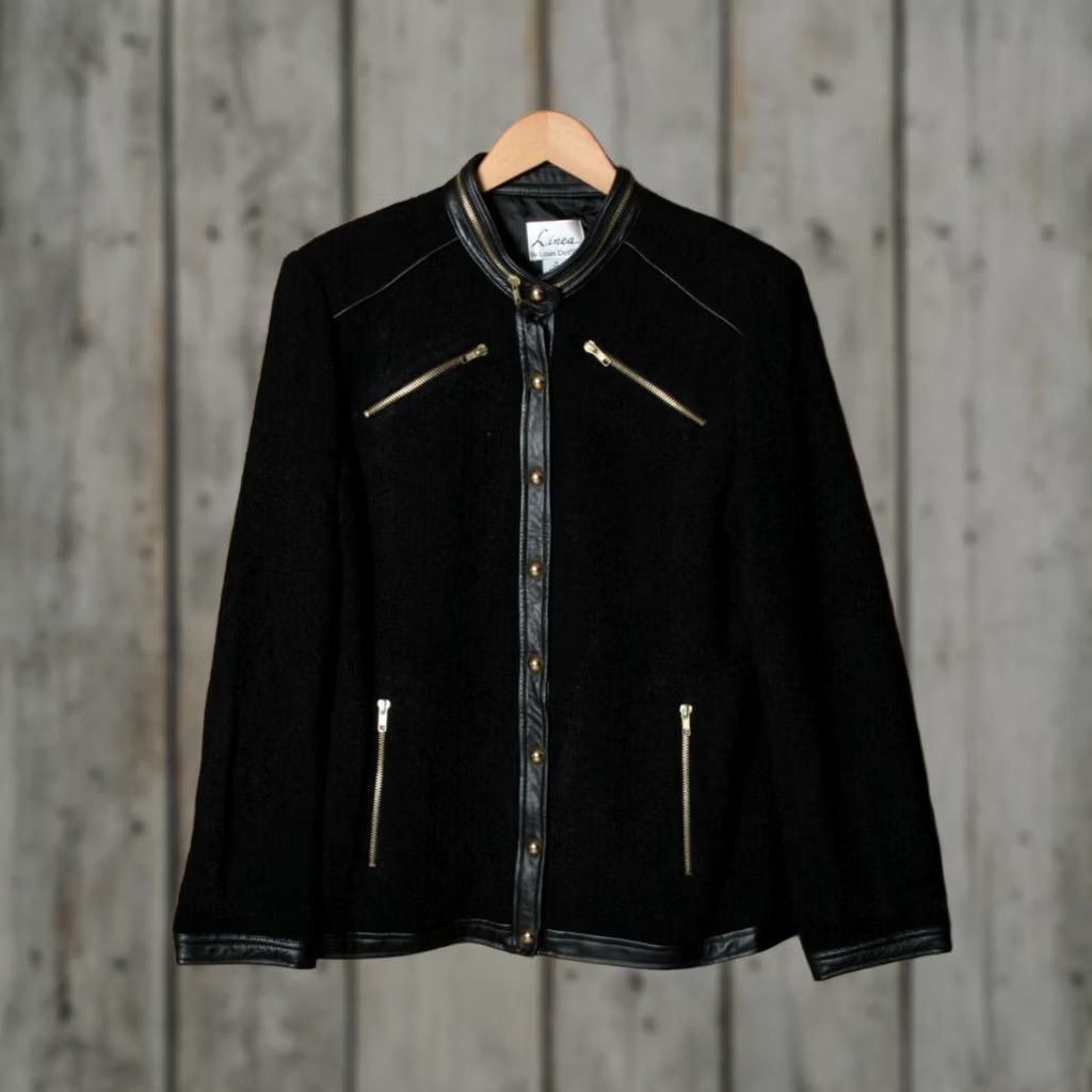 Vintage Linea by Louis Dell’Olio Wool Blend Jacket Wool Blend Military Jacket Sz. M Black Leather Trim Gold Buttons Womens Size M / US 6-8 / IT 42-44 - 1 Thumbnail