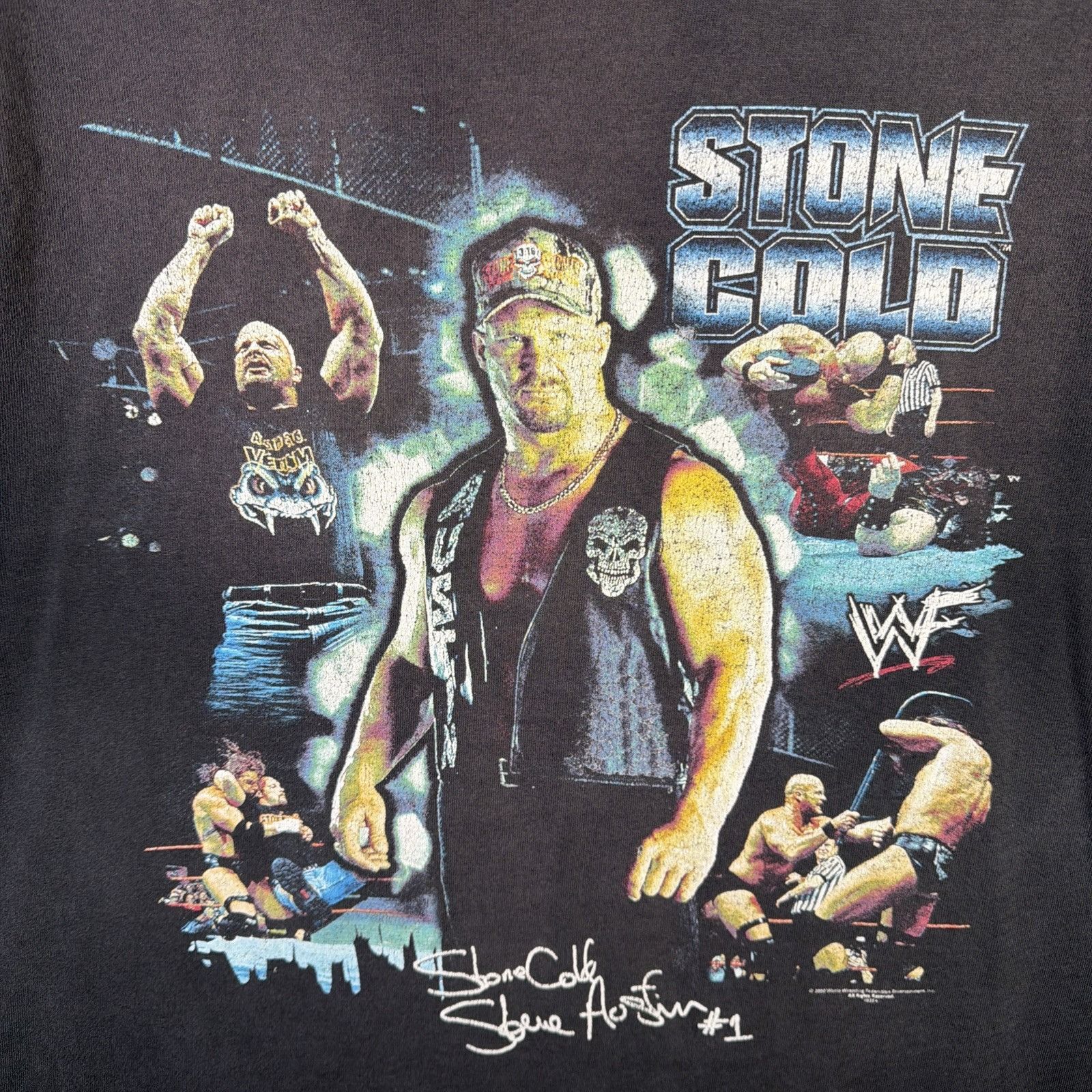WWF Vintage Stone Cold Austin Shirt Large Black 90s Faded WWF Size US L / EU 52-54 / 3 - 2 Thumbnail